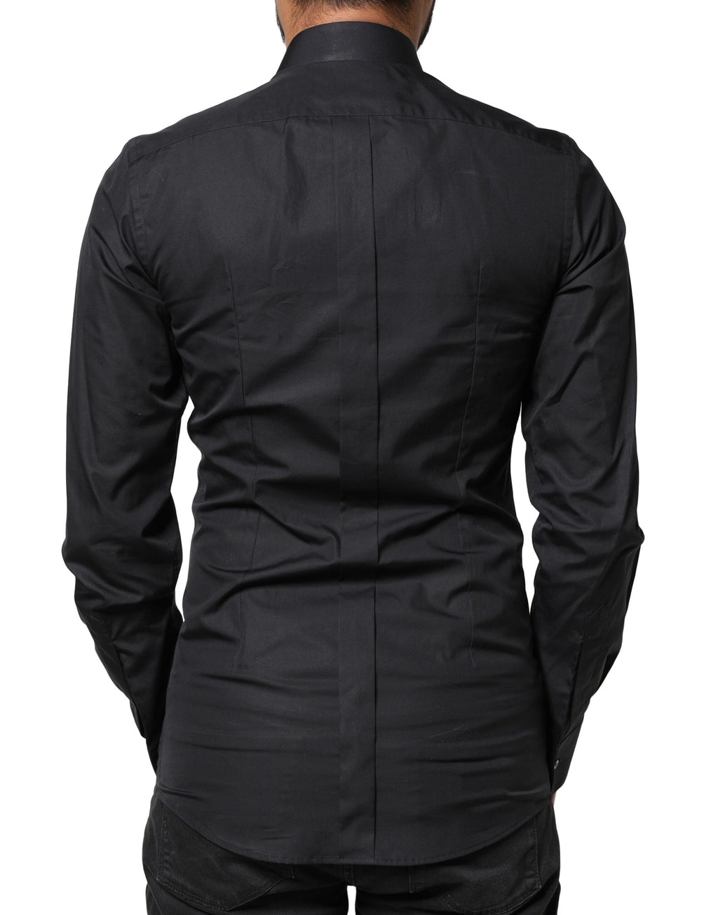 Chemise formelle Dolce & Gabbana noire avec broderie Love dorée, boutons élégants et coupe sophistiquée.