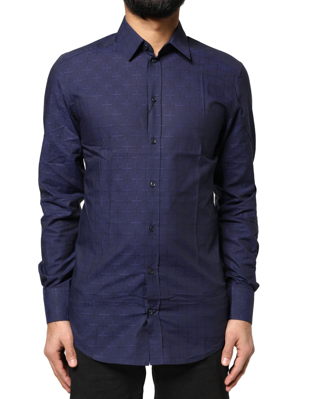 Chemise formelle Dolce & Gabbana à carreaux bleus tartan avec détails dorés, vue de face.