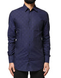 Chemise formelle Dolce & Gabbana à carreaux bleus tartan avec détails dorés, vue de face.