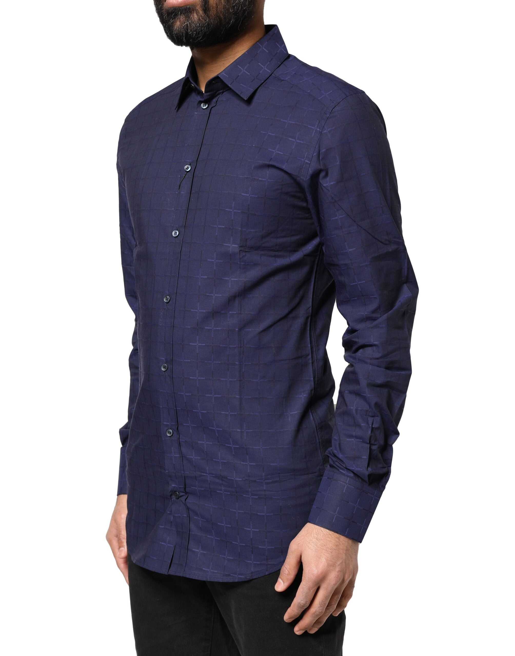Chemise Dolce & Gabbana à carreaux bleus et tartan or, vêtement formel en tissu élégant, vue de face.