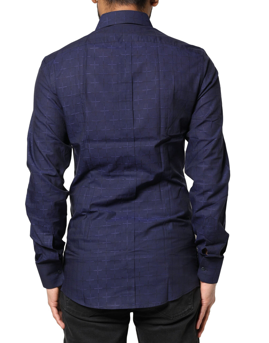 Chemise formelle Dolce & Gabbana à carreaux bleus et tartan doré, manche longue, col classique, tissu élégant.