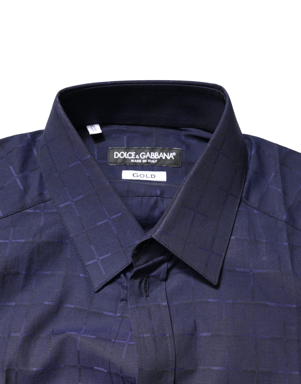 Chemise formelle Dolce & Gabbana à carreaux bleus et tartan or, vue de face, avec col classique et boutons visibles.