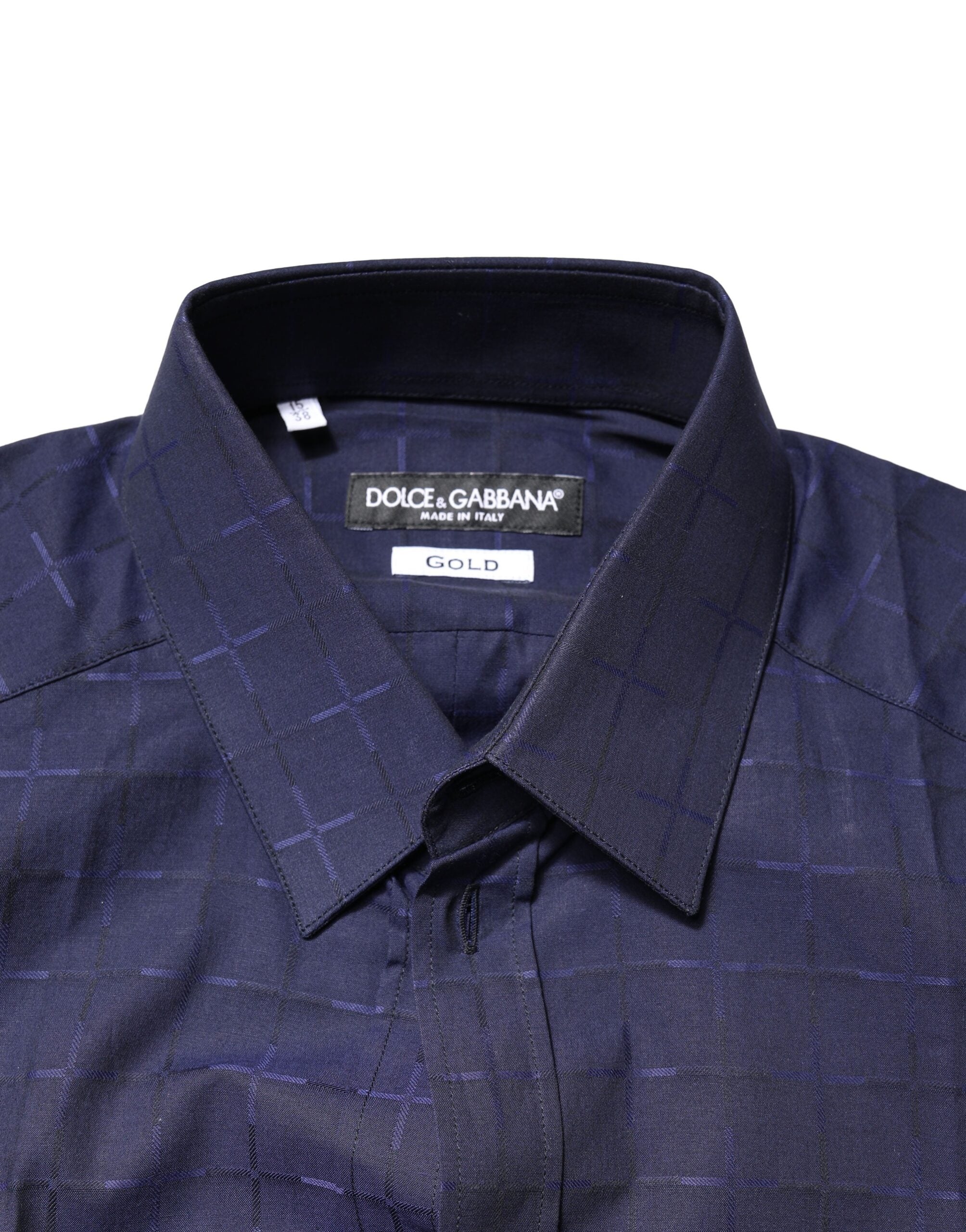Chemise formelle Dolce & Gabbana à carreaux bleus et tartan or, vue de face, avec col classique et boutons visibles.