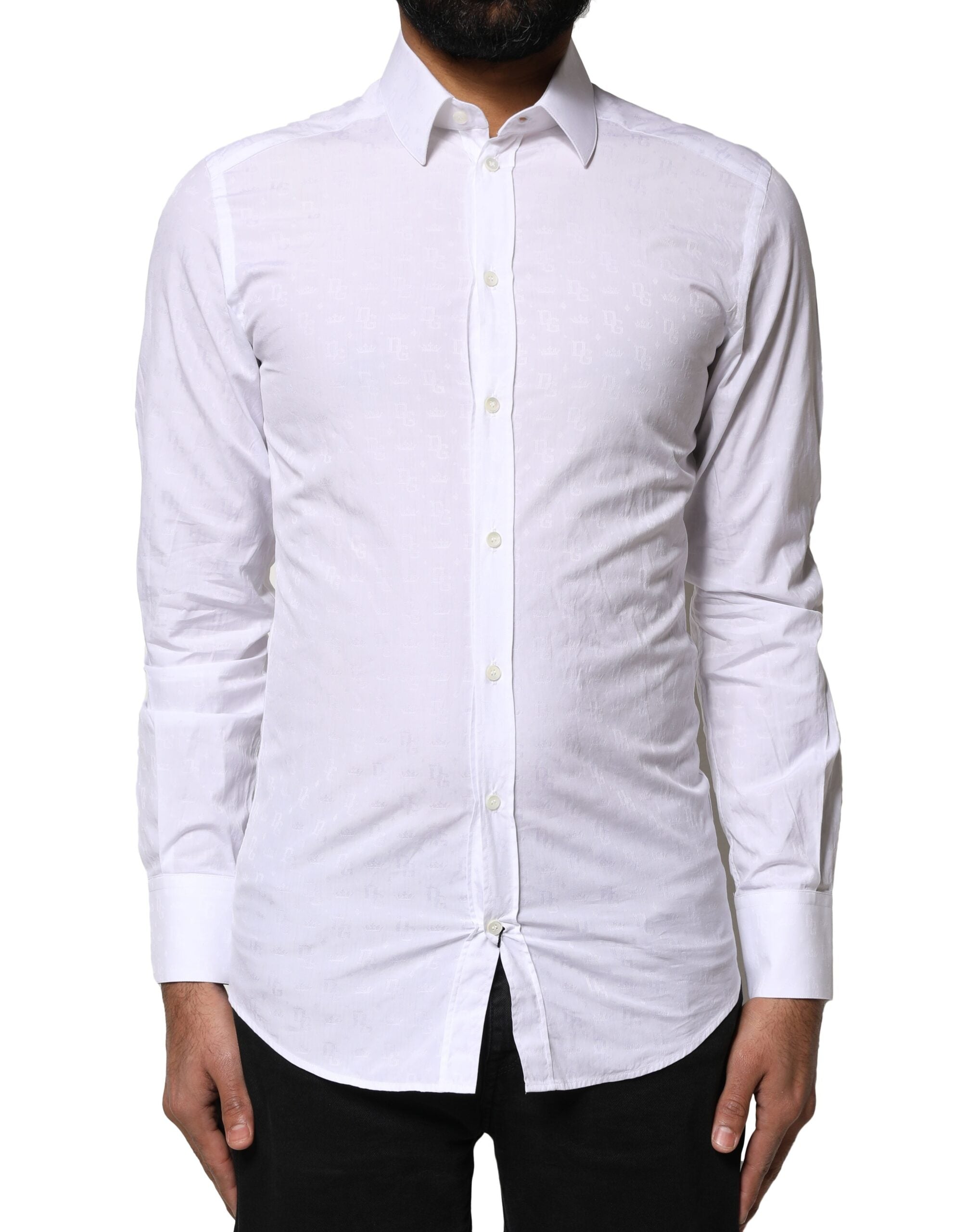 Chemise homme Dolce & Gabbana en coton blanc à manches longues avec détails dorés, élégante et sophistiquée.