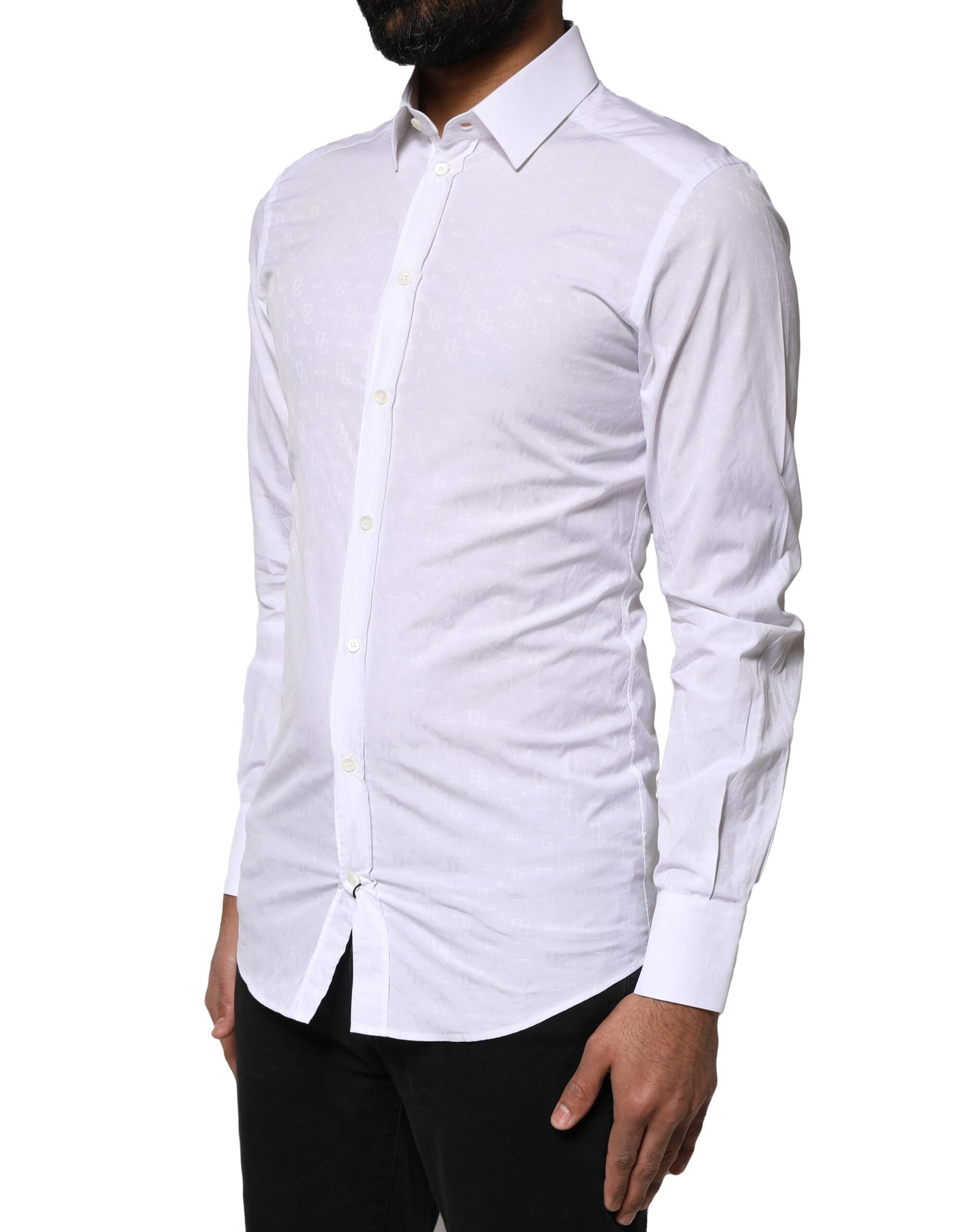 Chemise blanche Dolce & Gabbana en coton à manches longues avec détails en or, élégante et sophistiquée.
