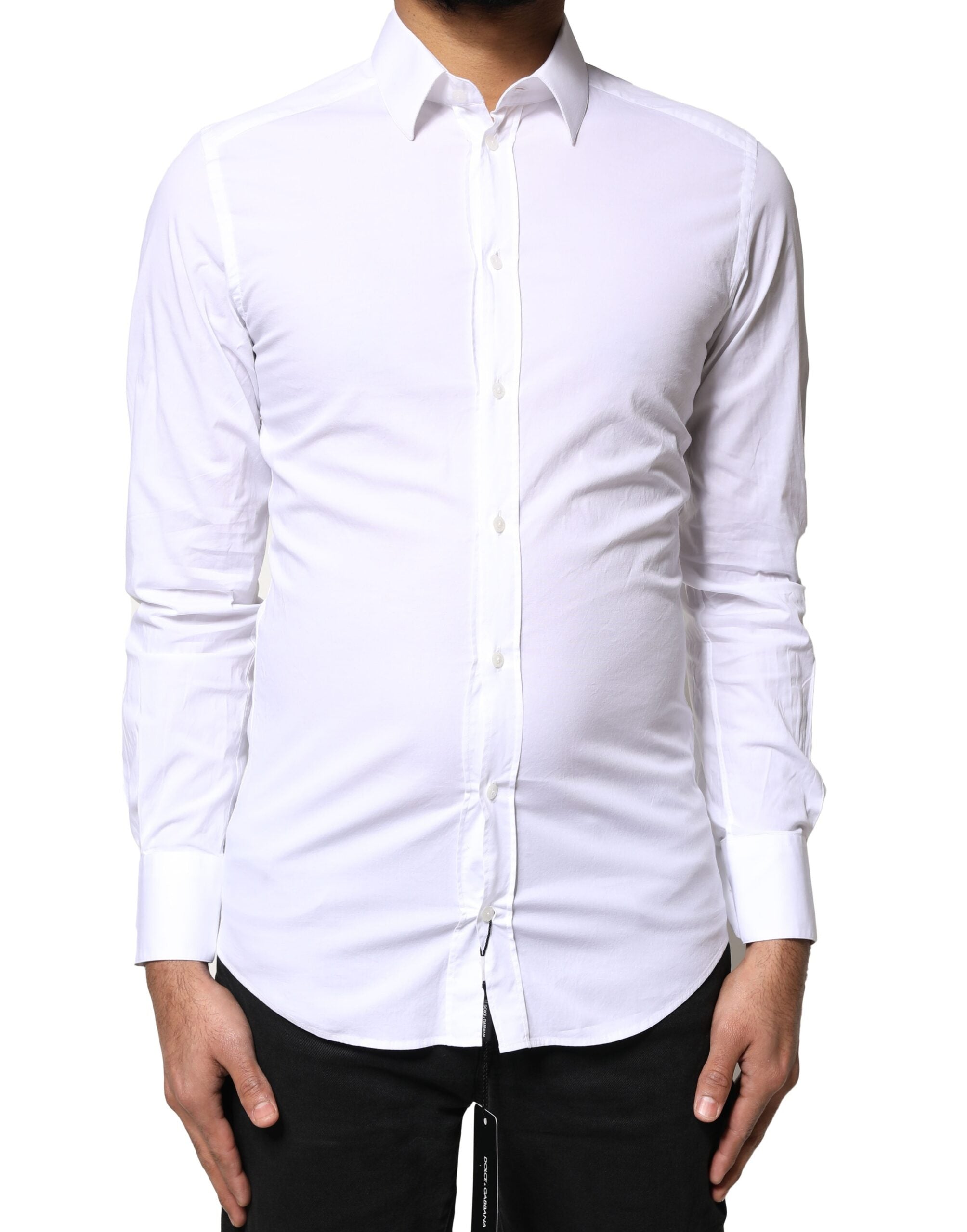 Chemise blanche à manches longues Dolce & Gabbana en coton avec détails en or, élégante et classique.