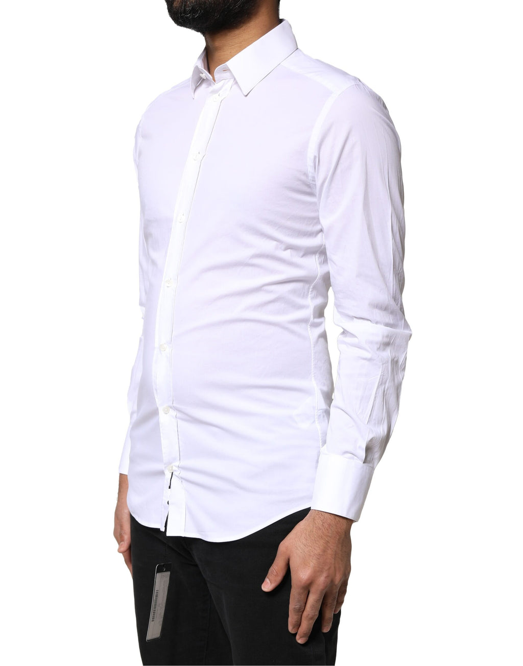 Chemise blanche Dolce & Gabbana en coton à manches longues avec accents dorés, élégante et sophistiquée.