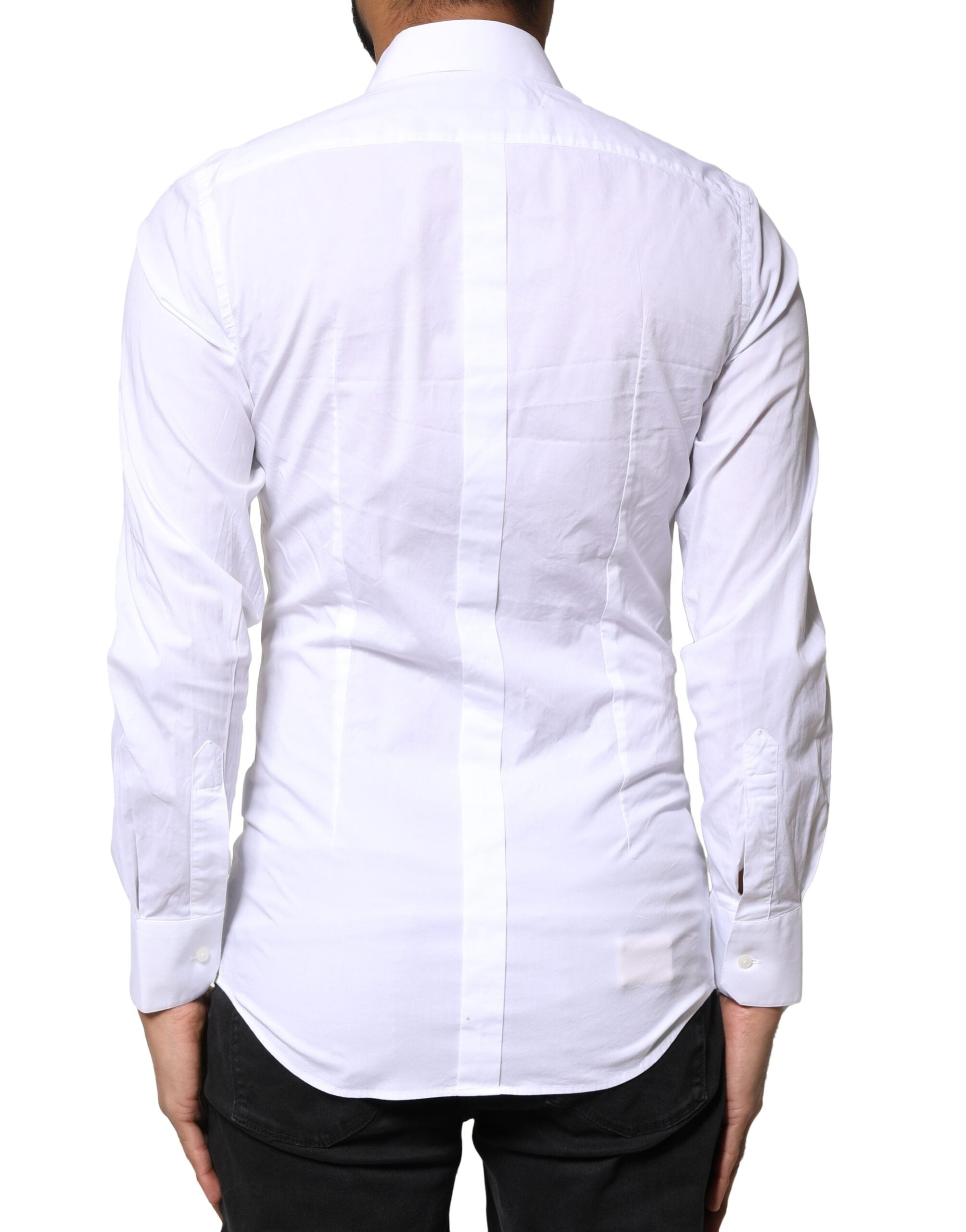 Chemise blanche à manches longues Dolce & Gabbana en coton avec détails dorés, élégante et sophistiquée.