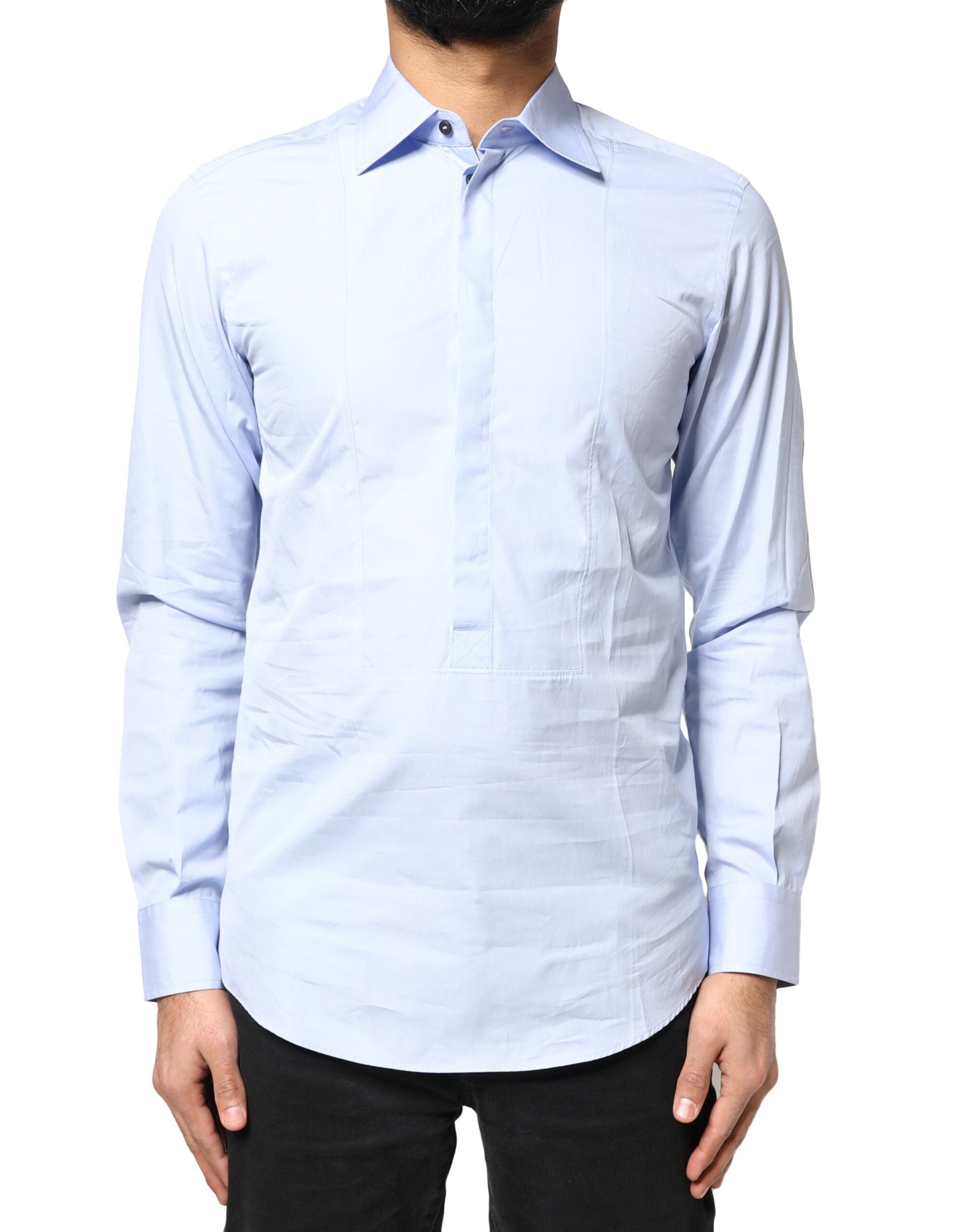 Chemise longue en coton Dolce & Gabbana Light Blue avec manches longues, veste élégante et classique.