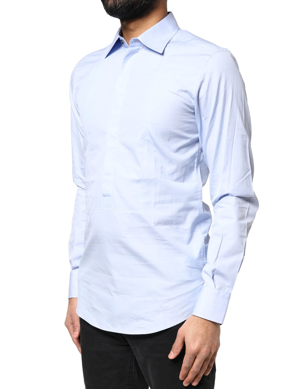 Chemise longue en coton Dolce & Gabbana Light Blue avec manches longues, vue détaillée du vêtement élégant blanc et bleu.