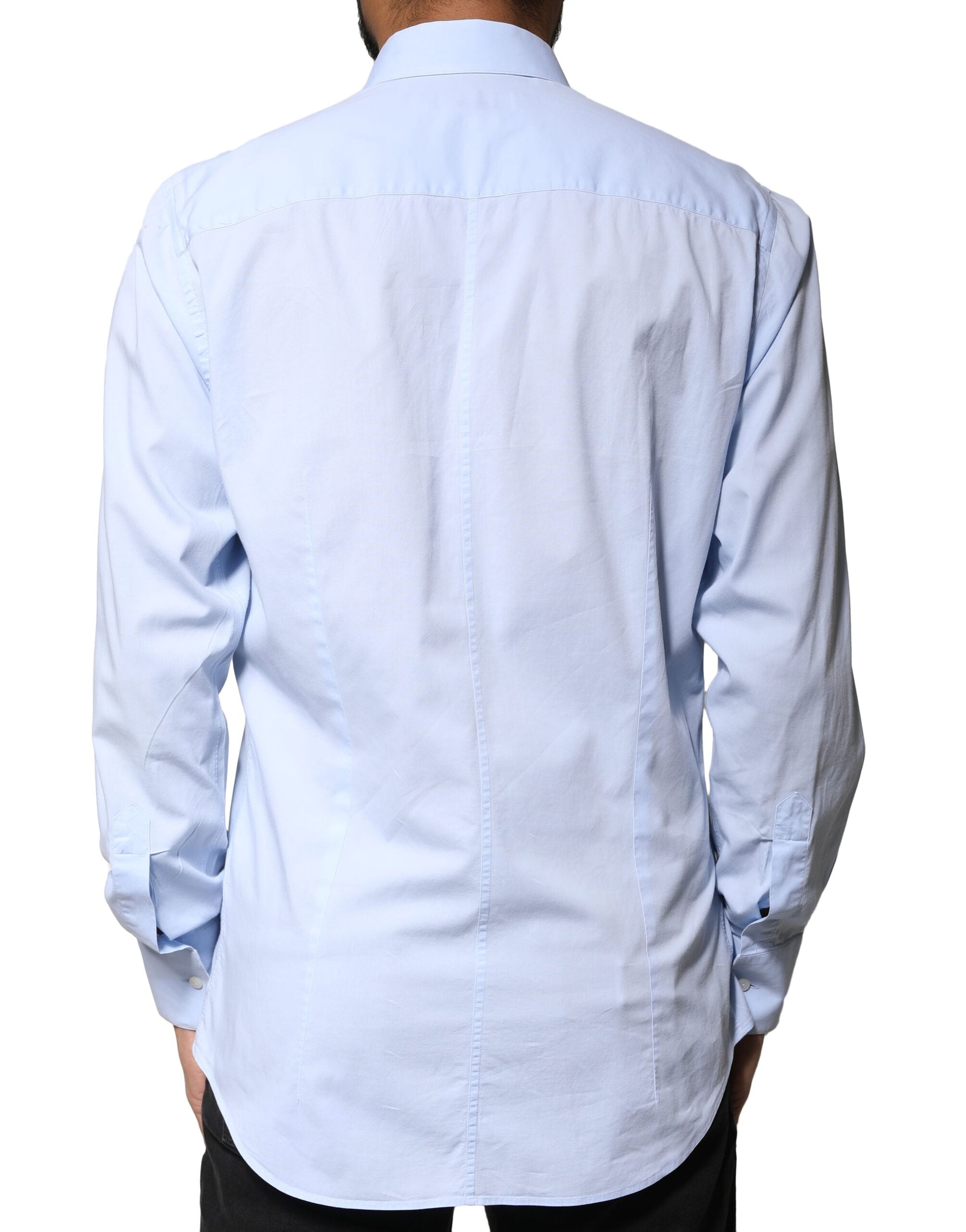Chemise formelle en coton Dolce & Gabbana Light Blue Martini avec col classique et manches longues, vue de face.