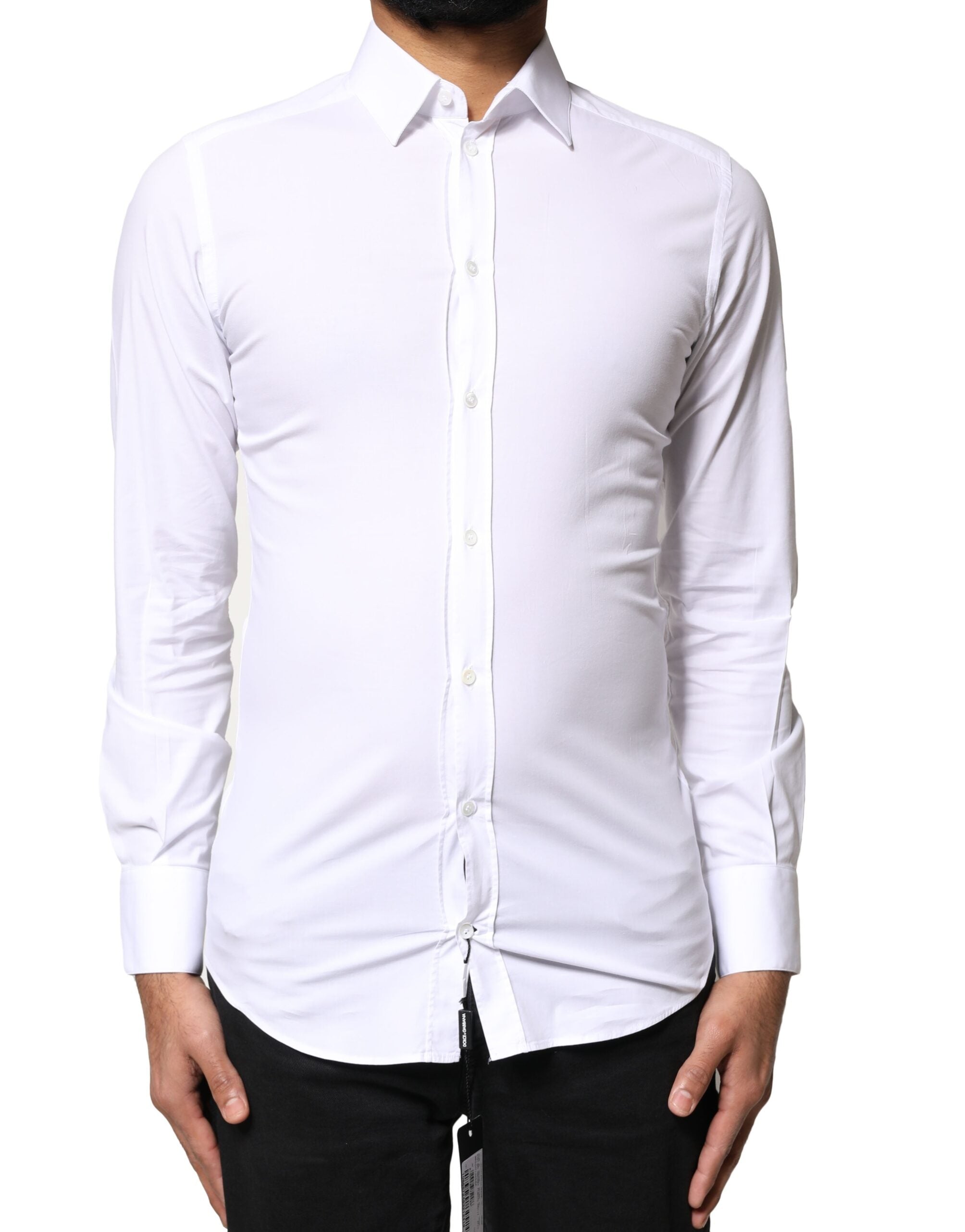 Chemise longue blanche Dolce & Gabbana en coton avec manches longues et détails dorés.