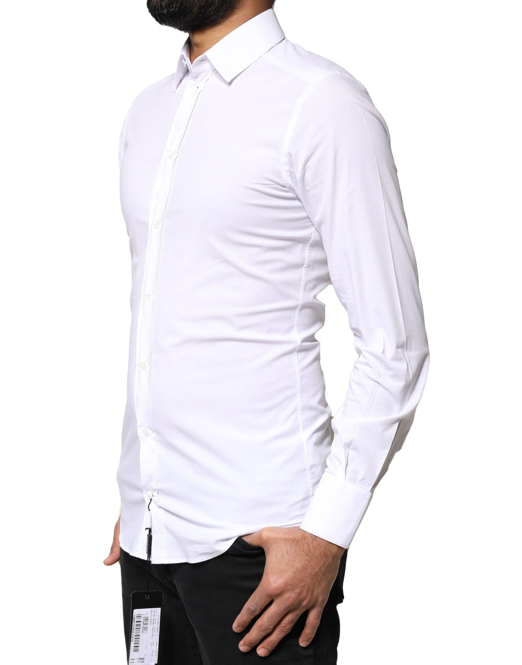 Chemise blanche à manches longues Dolce & Gabbana en coton avec détails dorés, élégante et sophistiquée.