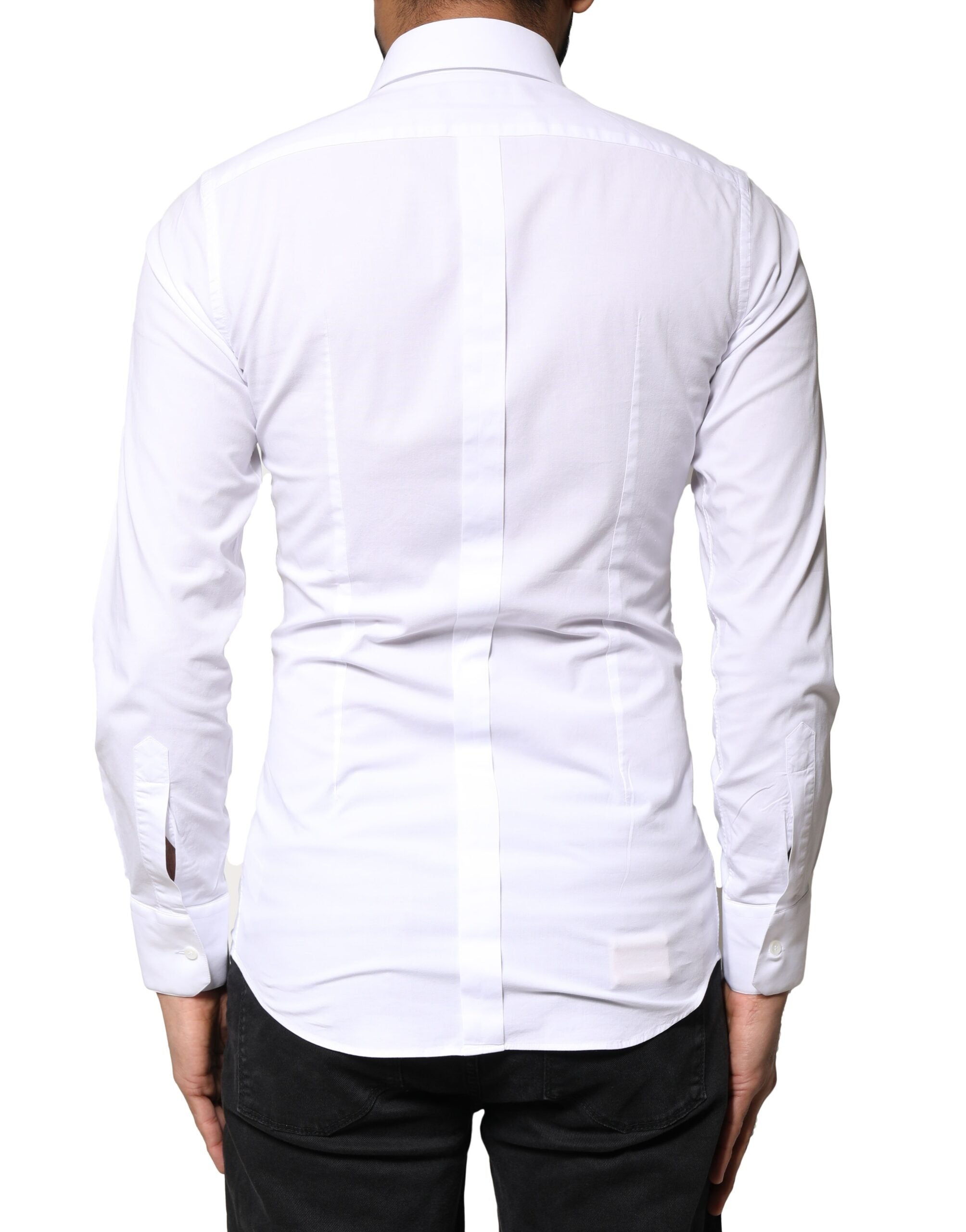 Chemise blanche à manches longues Dolce & Gabbana en coton avec détails dorés, élégante et sophistiquée.