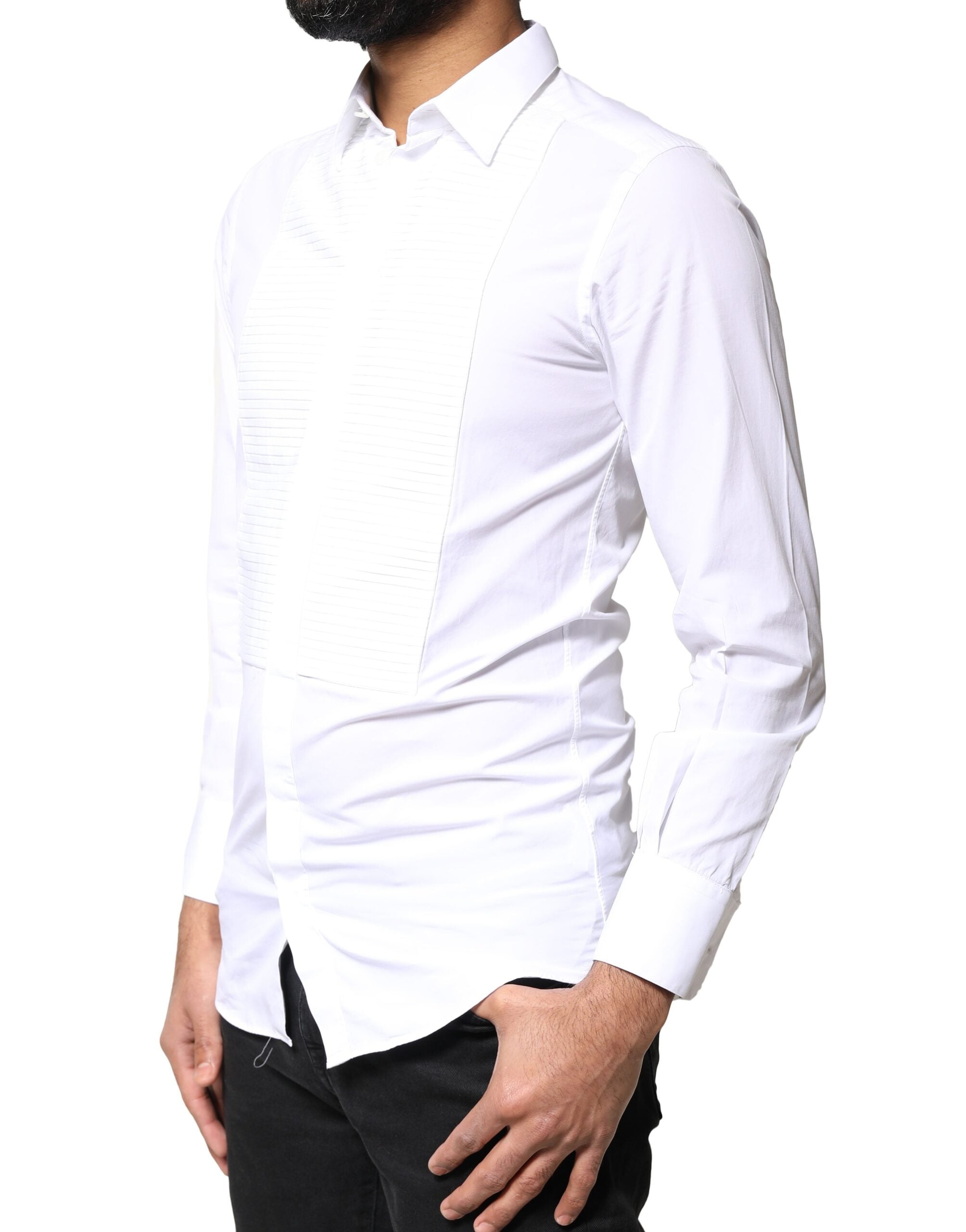 Chemise habillée pour homme Dolce & Gabbana en coton popeline blanche avec détails dorés.
