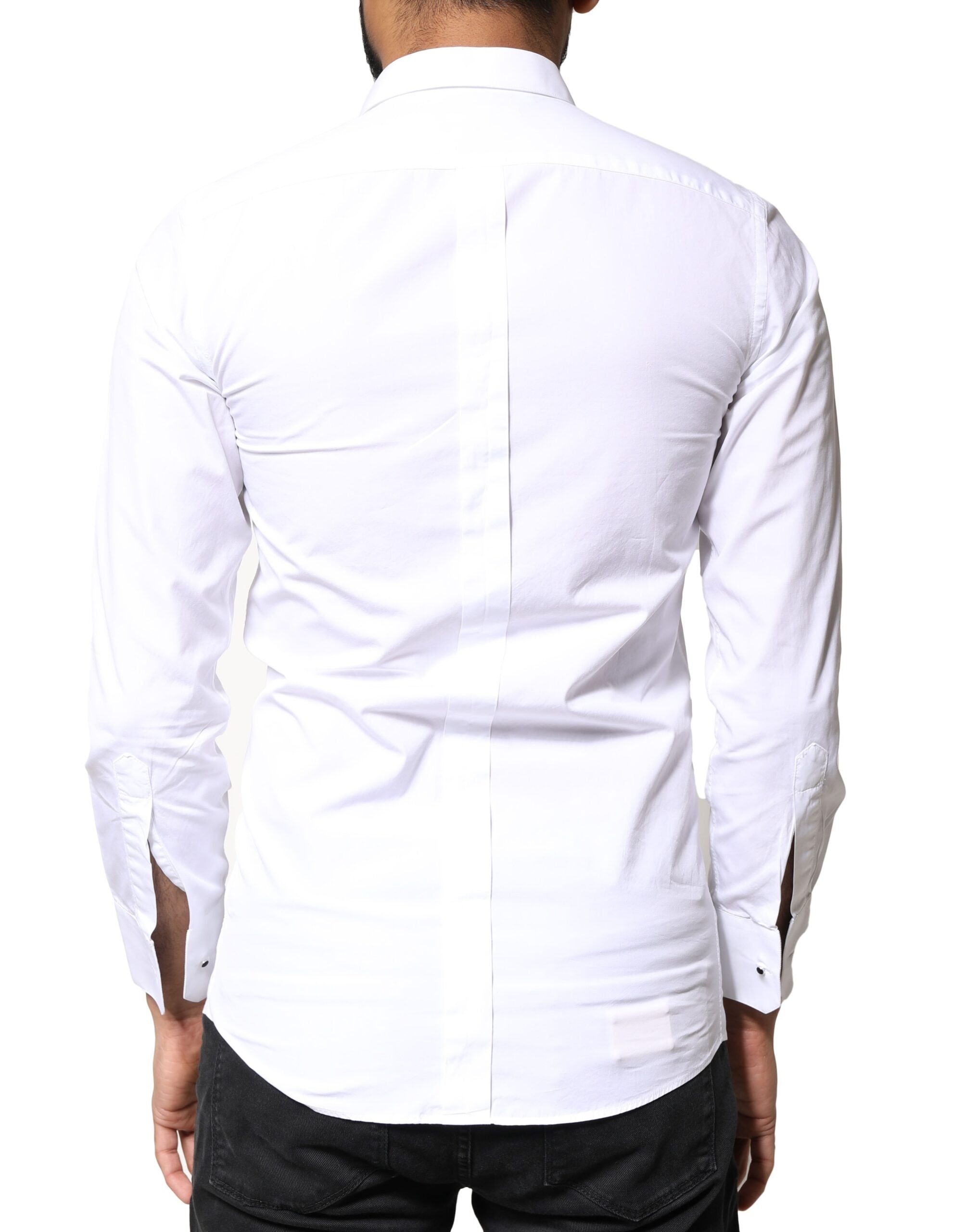 Chemise pour homme Dolce & Gabbana en coton popeline blanc avec détails dorés, style élégant et sophistiqué.