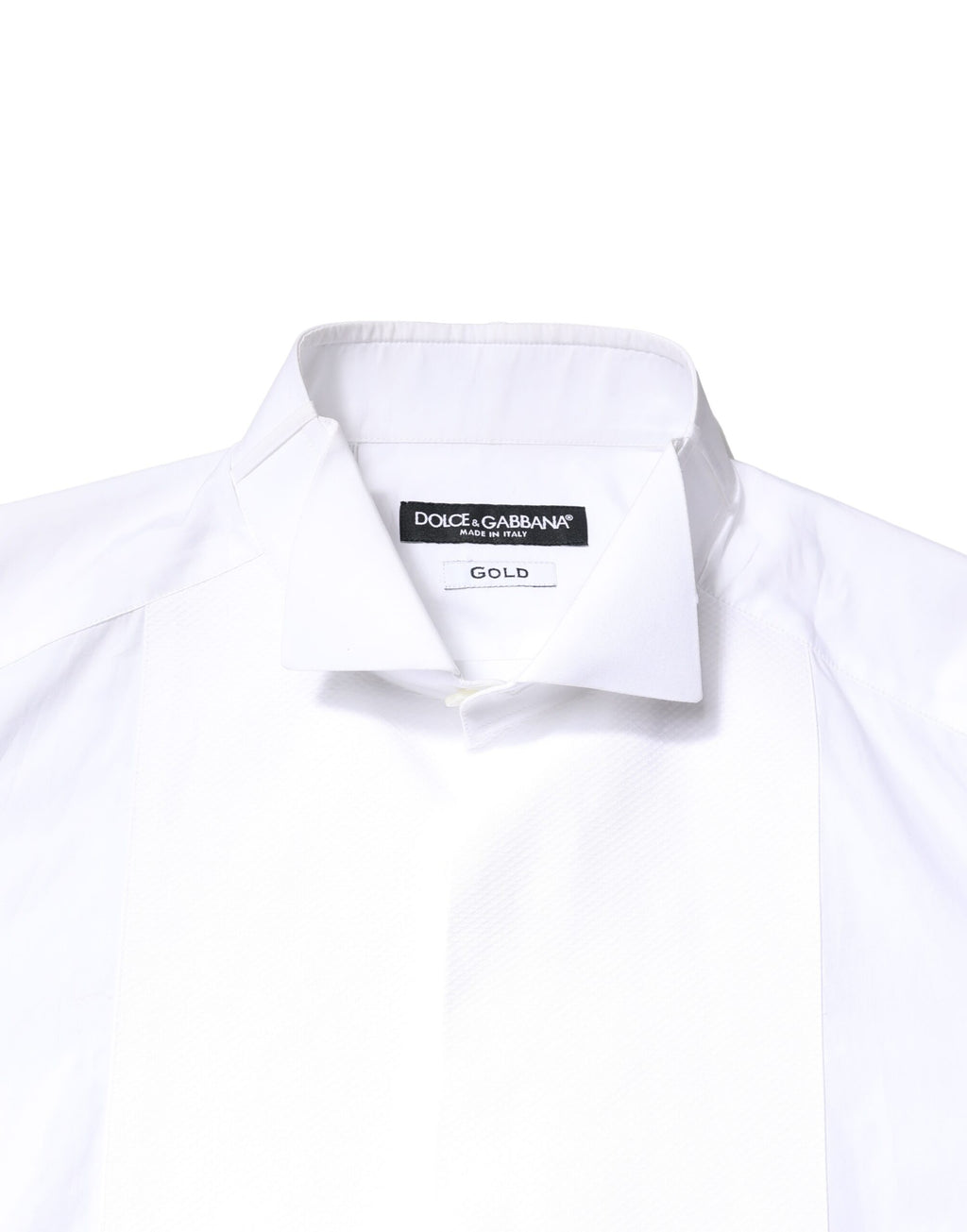 Chemise formelle homme Dolce & Gabbana en coton popeline blanche avec détails dorés, poche poitrine élégante et col classique.