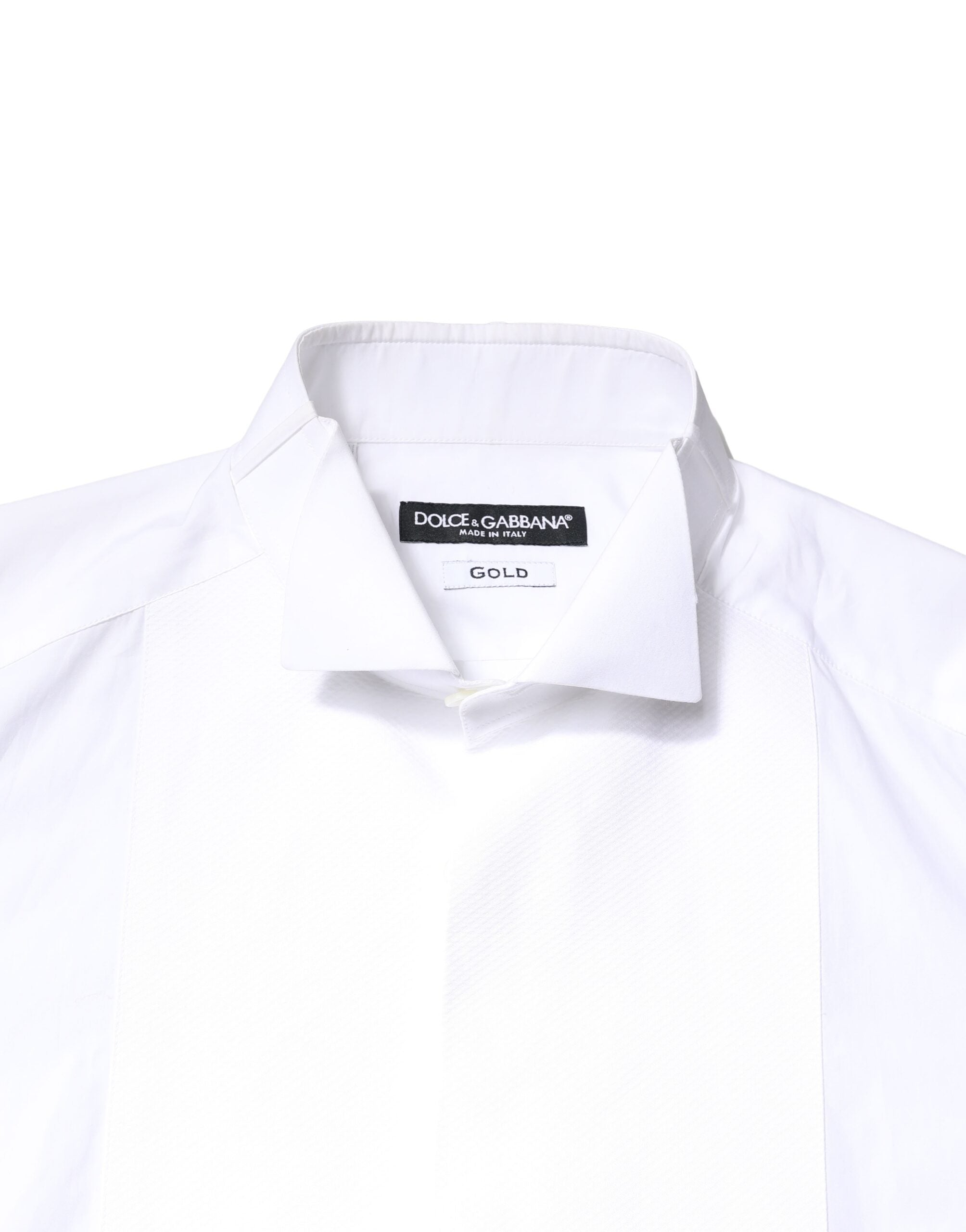 Chemise formelle homme Dolce & Gabbana en coton popeline blanche avec détails dorés, poche poitrine élégante et col classique.