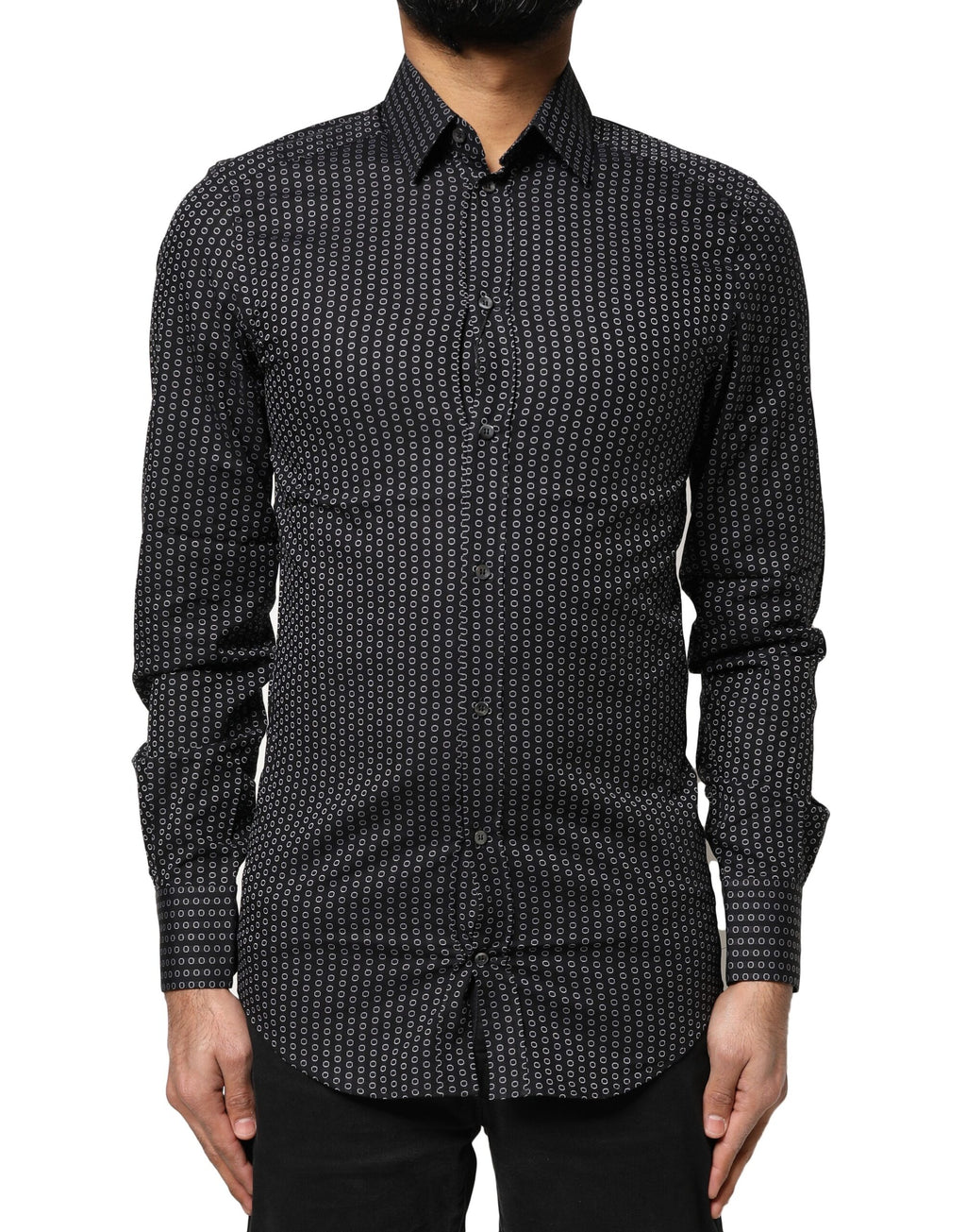 Chemise homme noire Dolce & Gabbana en coton avec motif doré, élégante chemise de costume à manches longues.