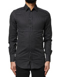 Chemise homme noire Dolce & Gabbana en coton avec motif doré, élégante chemise de costume à manches longues.