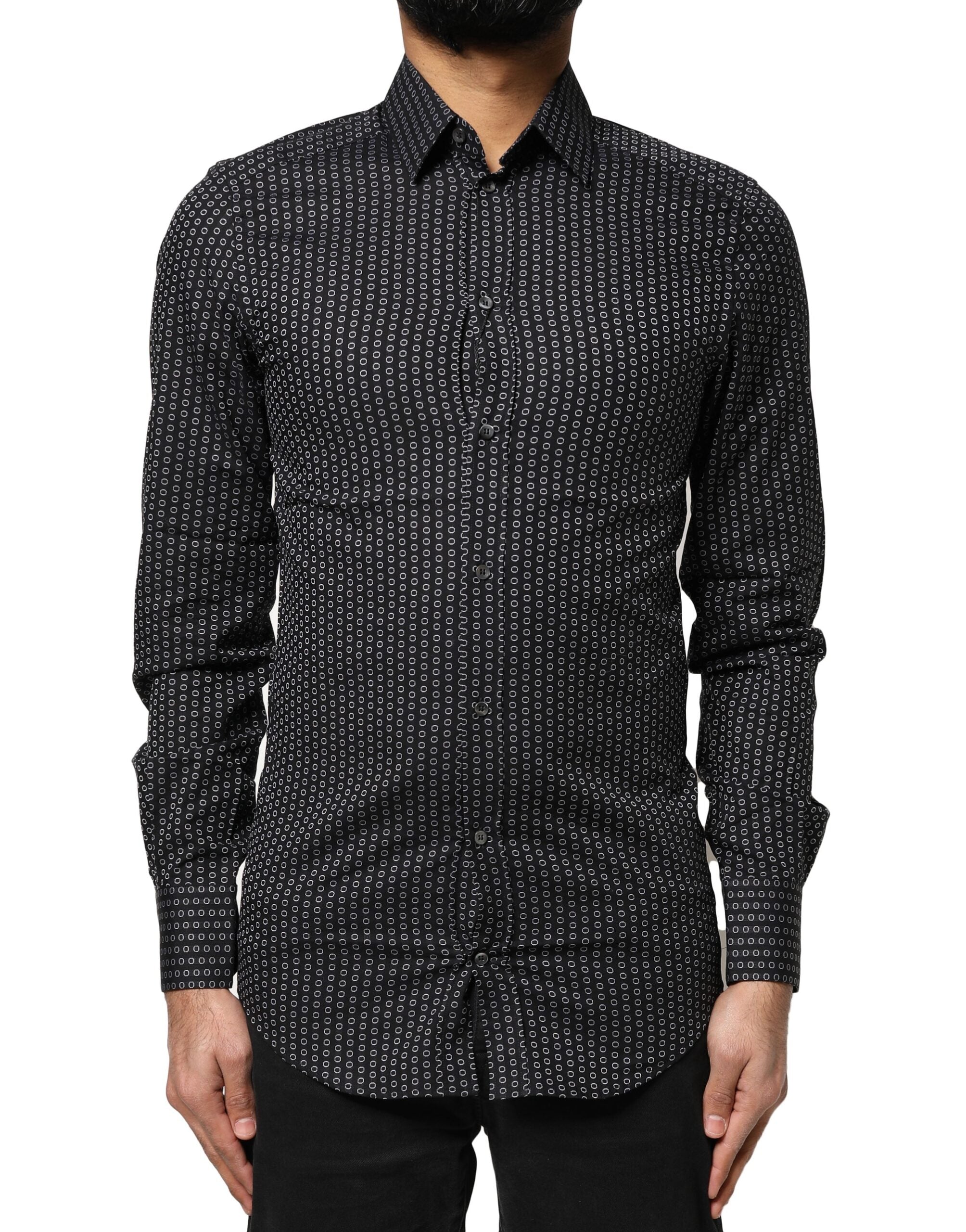 Chemise pour homme Dolce & Gabbana en coton noir avec motifs dorés, élégante chemise habillée avec design sophistiqué