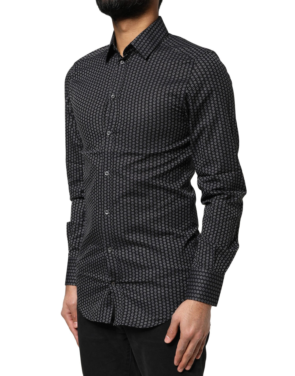 Chemise pour homme Dolce & Gabbana en coton noir avec motif doré, élégante chemise habillée à manches longues.