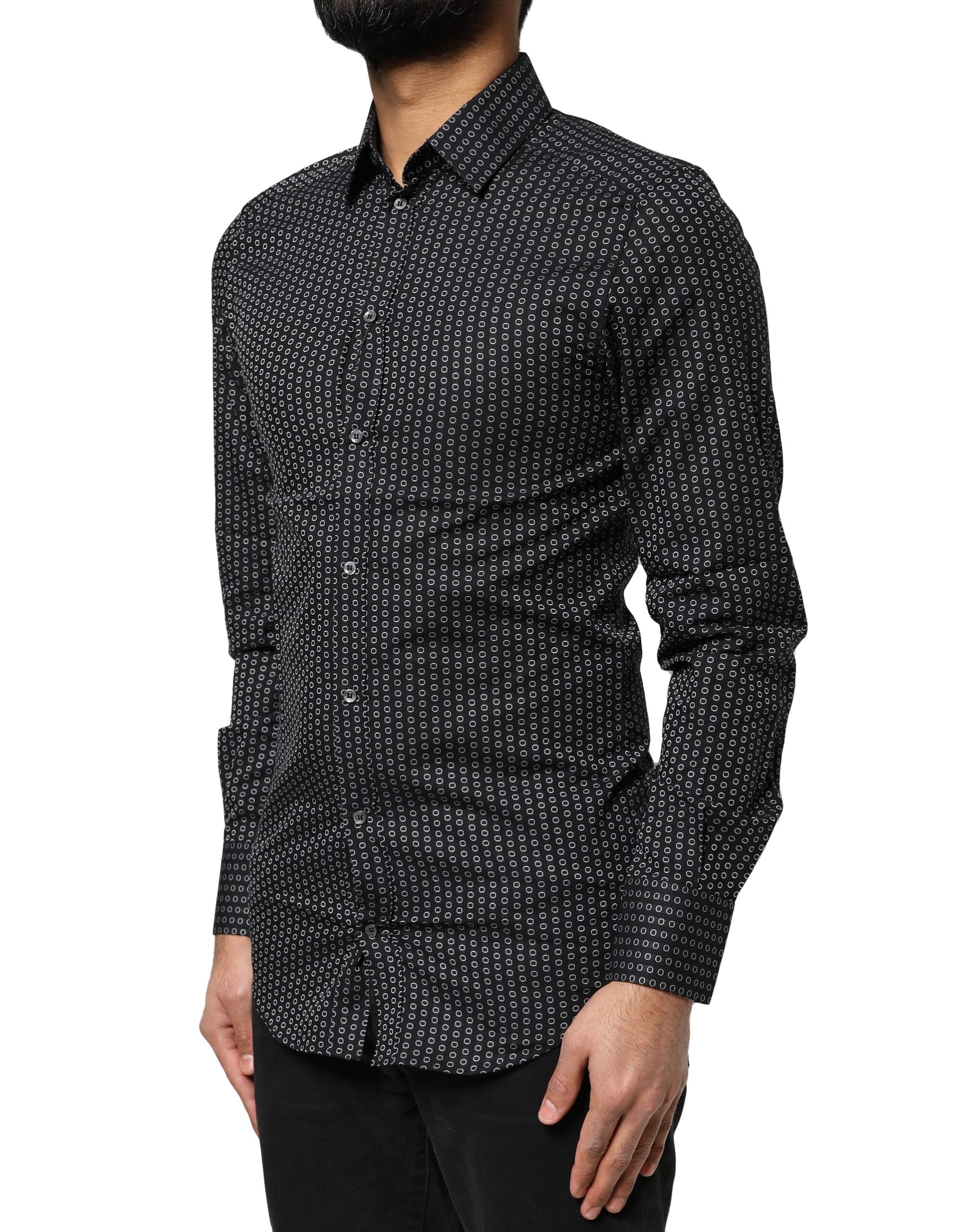 Chemise pour homme Dolce & Gabbana en coton noir avec motif doré, élégante chemise habillée à manches longues.