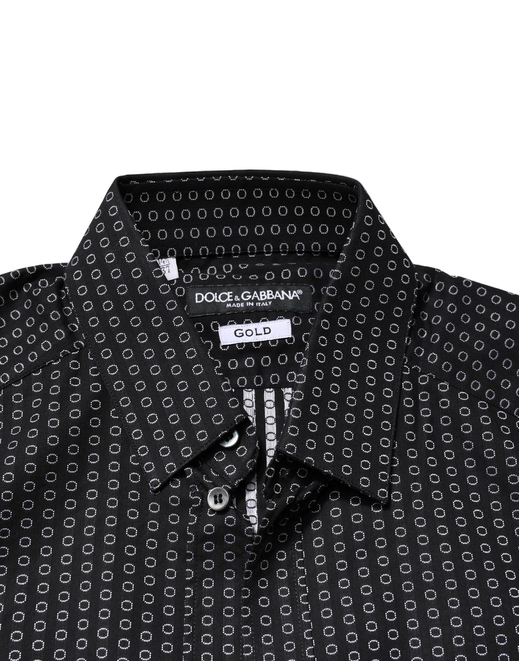 Chemise homme Dolce & Gabbana en coton noir avec motif doré élégant, style habillé et sophistiqué.
