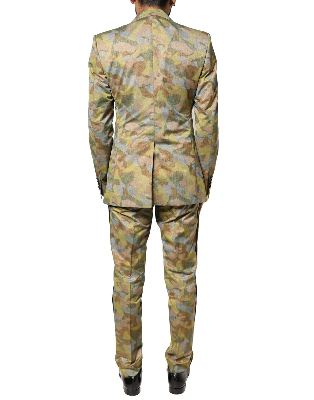 Costume trois pièces camouflage multicolore Dolce & Gabbana Sicilia, veste, pantalon et gilet élégants avec motif coloré.