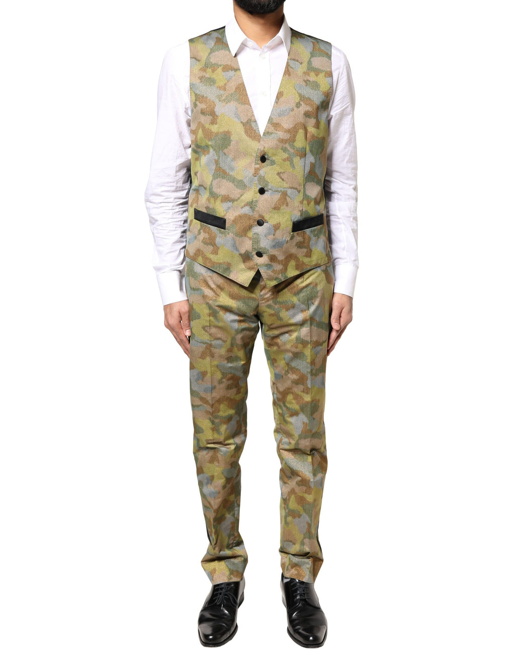 Costume trois pièces Dolce & Gabbana à motif camouflage multicolore Sicilia, vue de face sur mannequin.