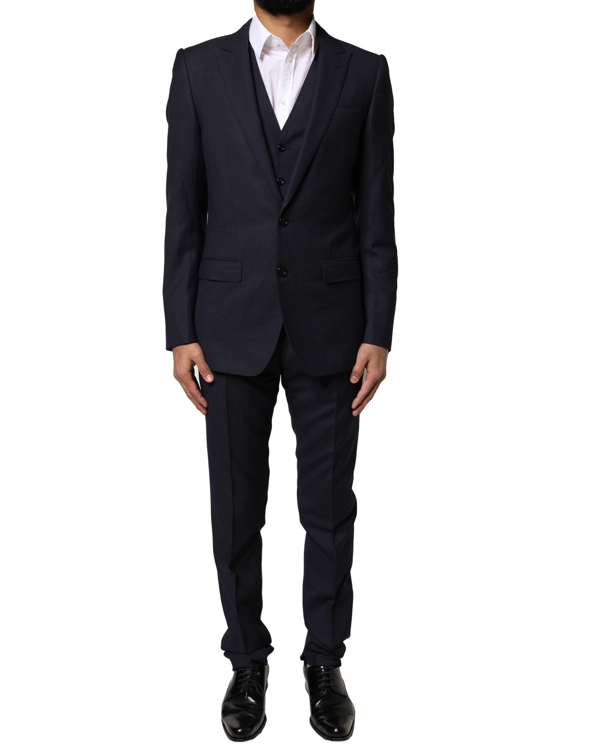 Costume formel noir Dolce & Gabbana Fantasy Martini en trois pièces, comprenant veste, pantalon et gilet élégants.
