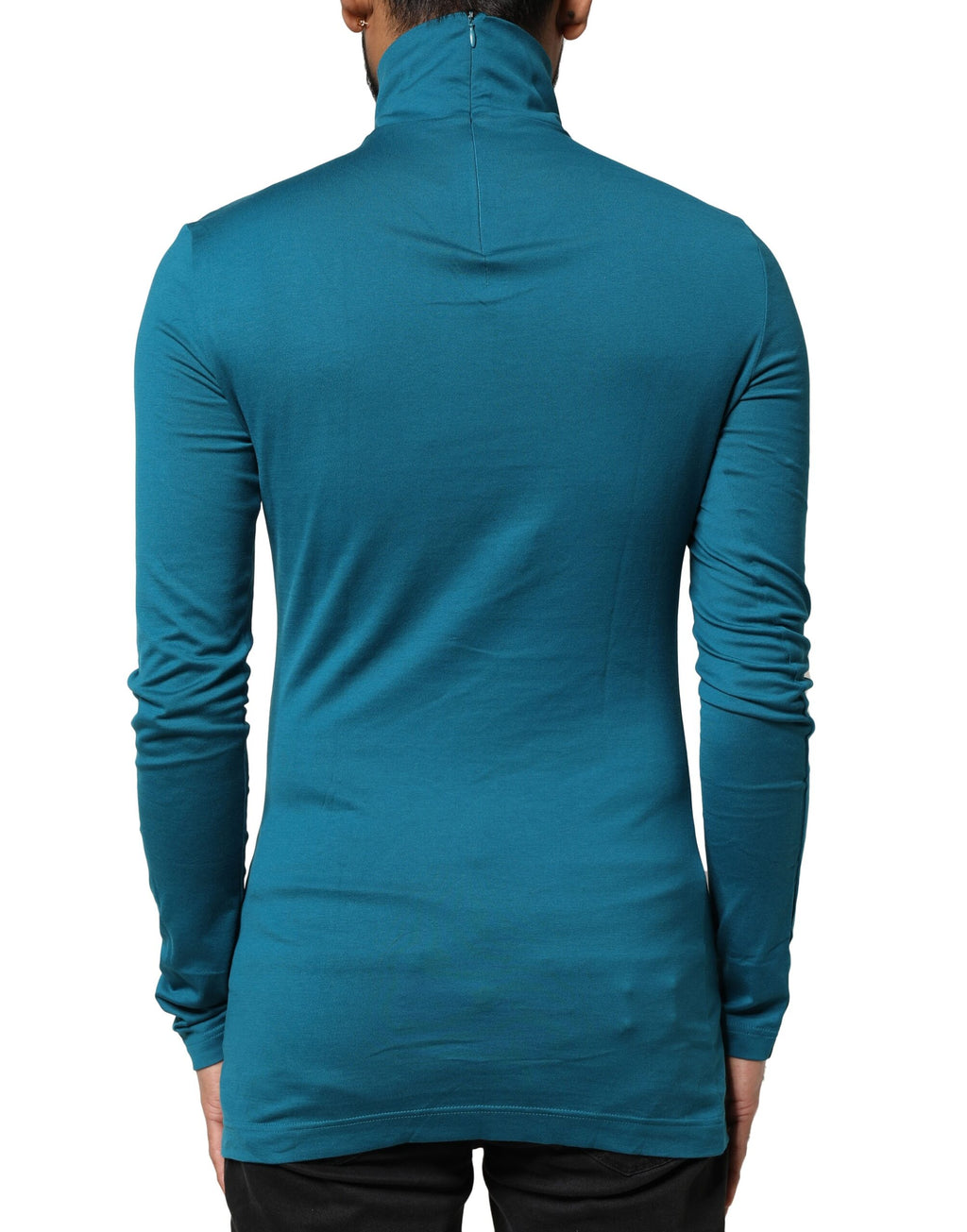 Pull en coton bleu à col roulé à manches longues de Dolce & Gabbana, vue de face.