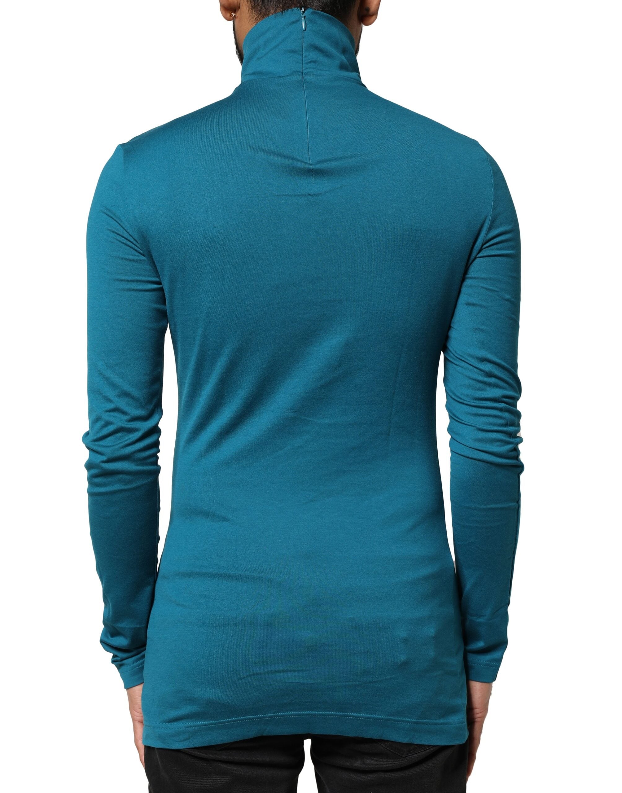 Pull en coton bleu à col roulé à manches longues de Dolce & Gabbana, vue de face.
