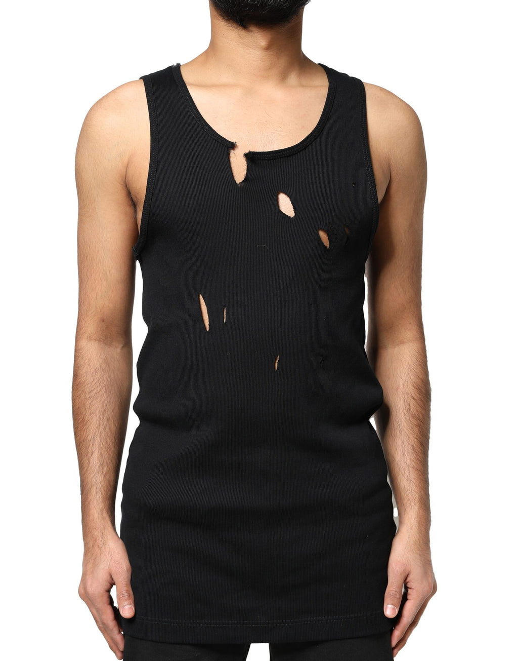 T-shirt sans manches en coton noir Dolce & Gabbana, style déchiré, pour homme, vue de face avec col rond.