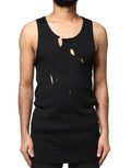 T-shirt sans manches en coton noir Dolce & Gabbana, style déchiré, pour homme, vue de face avec col rond.