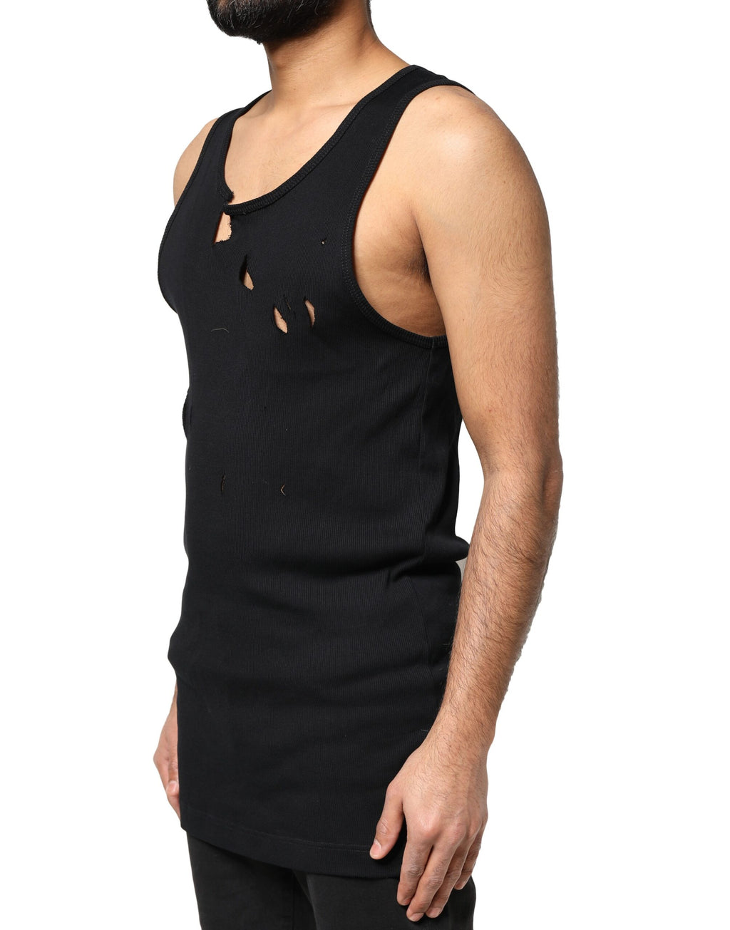 T-shirt sans manches pour homme Dolce & Gabbana en coton noir avec déchirures de style rip.