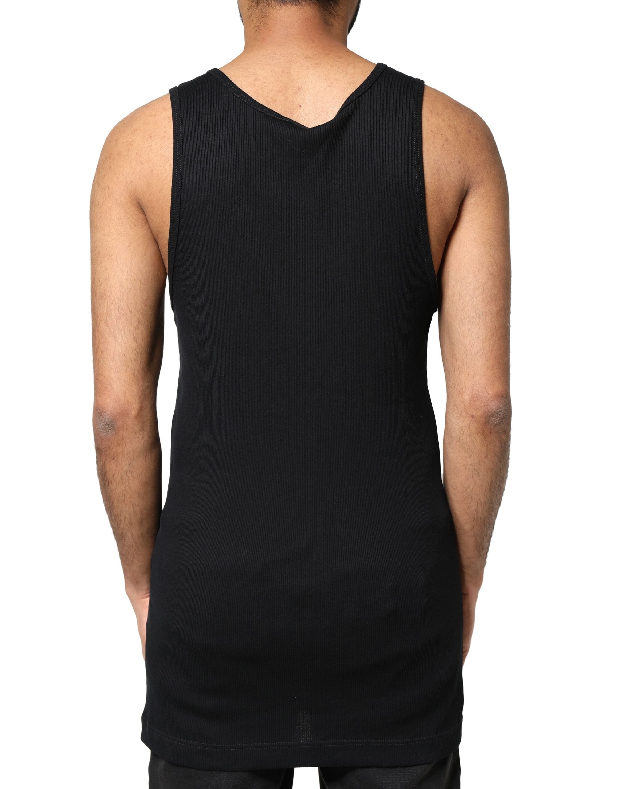 T-shirt sans manches Dolce & Gabbana en coton noir avec style déchiré, idéal pour homme, vue de face.