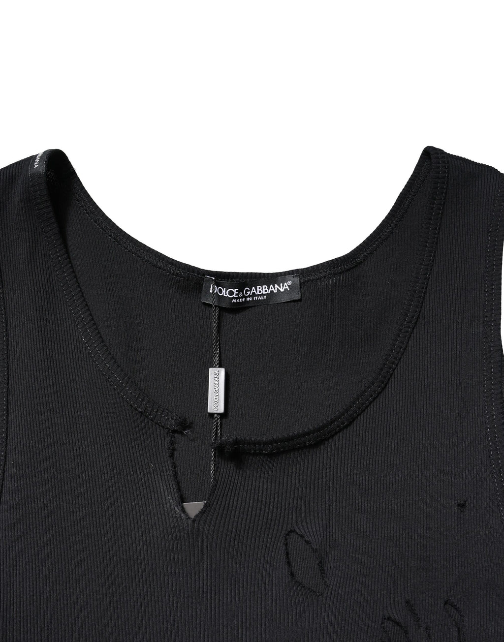 T-shirt sans manches Dolce & Gabbana en coton noir avec style déchiré, pour homme, vue de face.