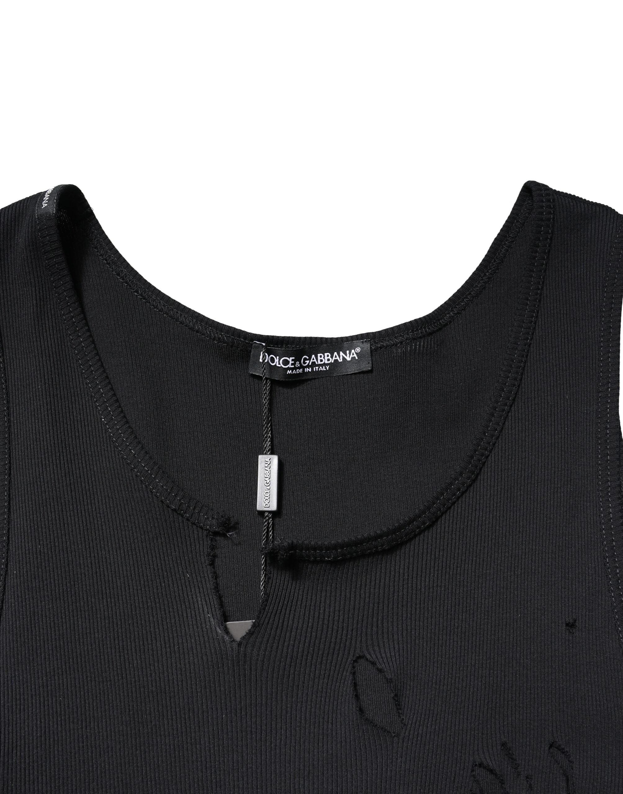 T-shirt sans manches Dolce & Gabbana en coton noir avec style déchiré, pour homme, vue de face.