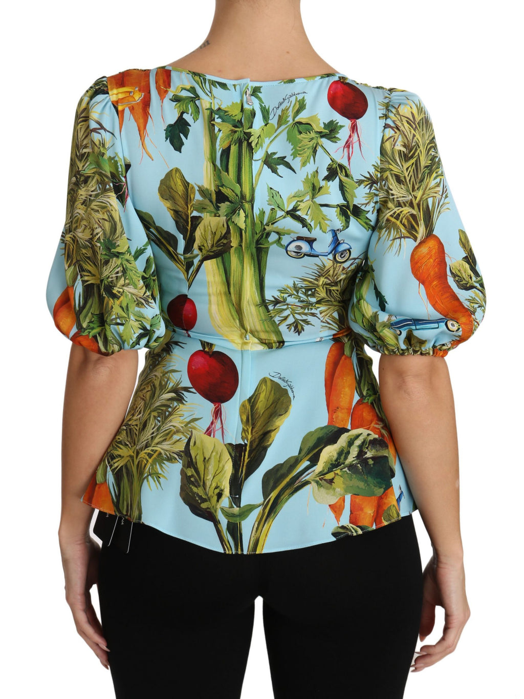 Dolce & Gabbana Seidenoberteil mit Gemüse-Print, Wickelbluse mit Schößchen