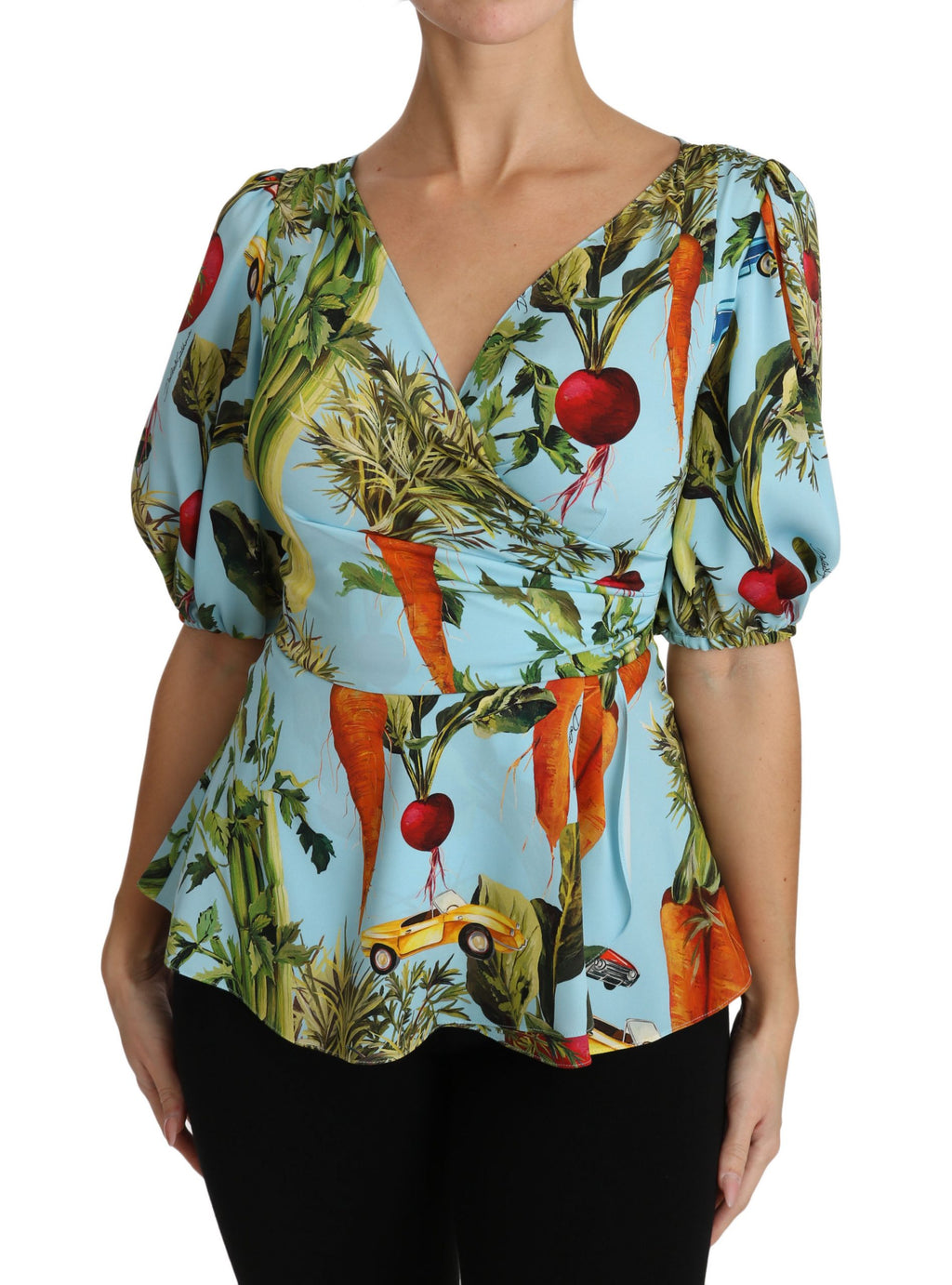 Dolce & Gabbana Seidenoberteil mit Gemüse-Print, Wickelbluse mit Schößchen