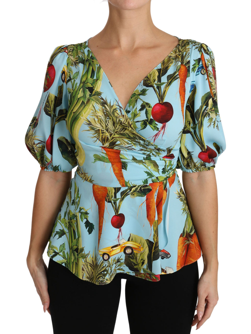 Dolce & Gabbana Seidenoberteil mit Gemüse-Print, Wickelbluse mit Schößchen