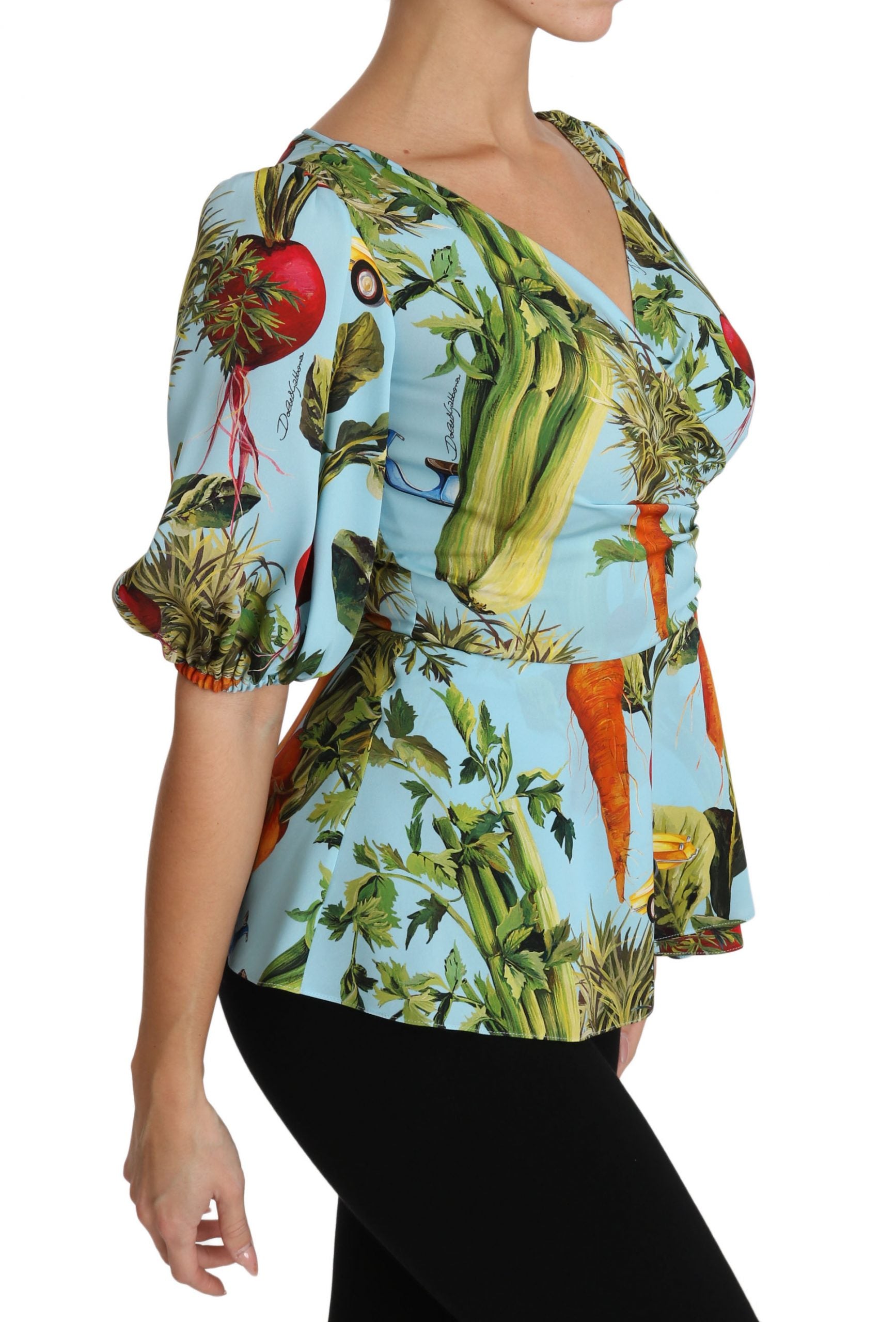 Dolce & Gabbana Seidenoberteil mit Gemüse-Print, Wickelbluse mit Schößchen