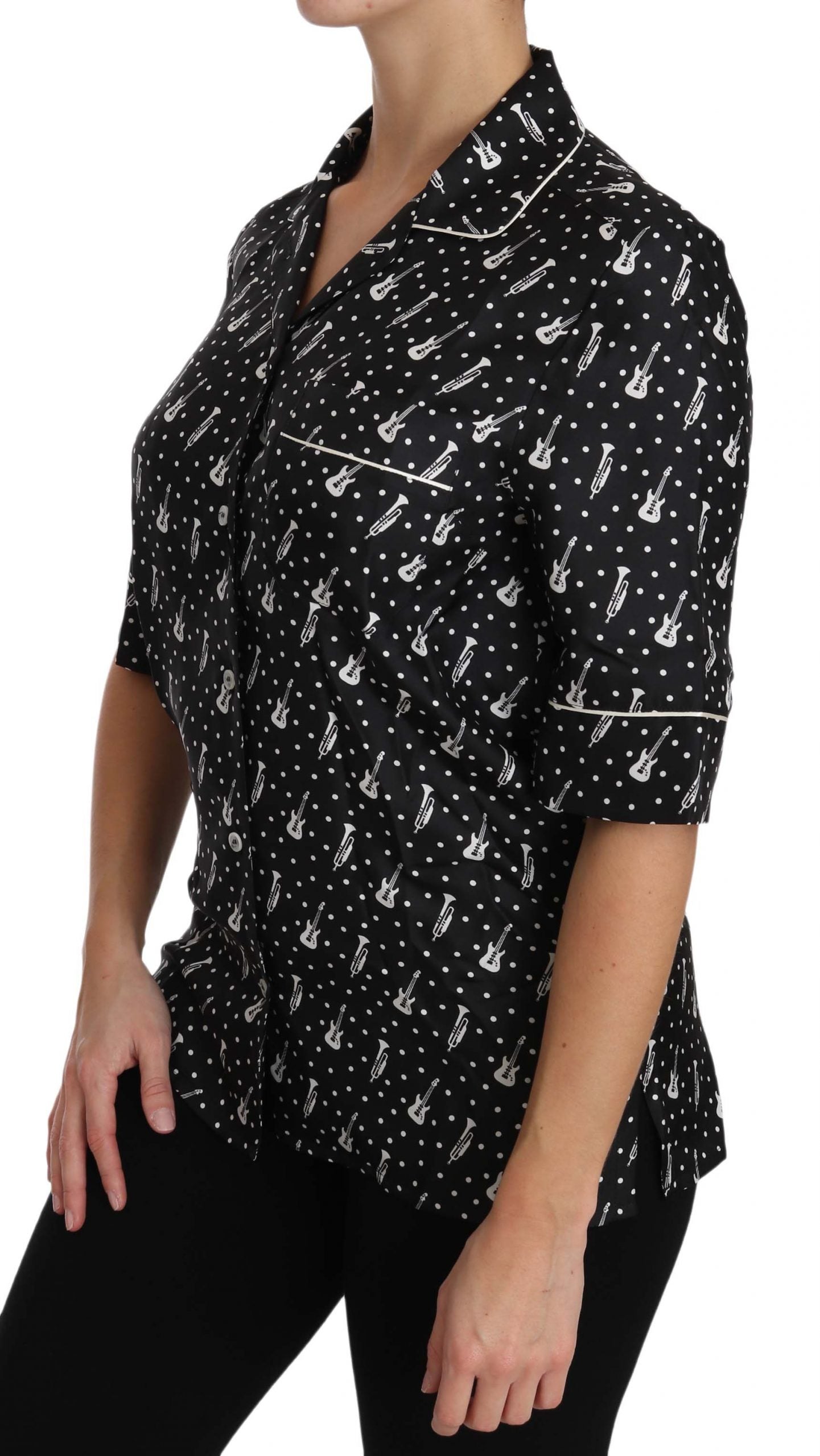 Dolce & Gabbana Schwarzes Seidenhemd mit Gitarren- und Trompeten-Print