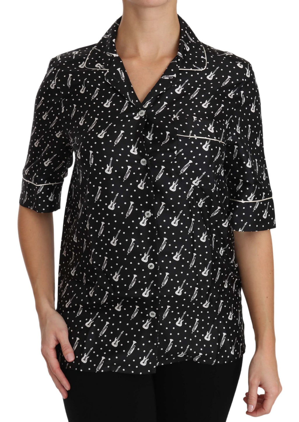 Dolce & Gabbana Schwarzes Seidenhemd mit Gitarren- und Trompeten-Print