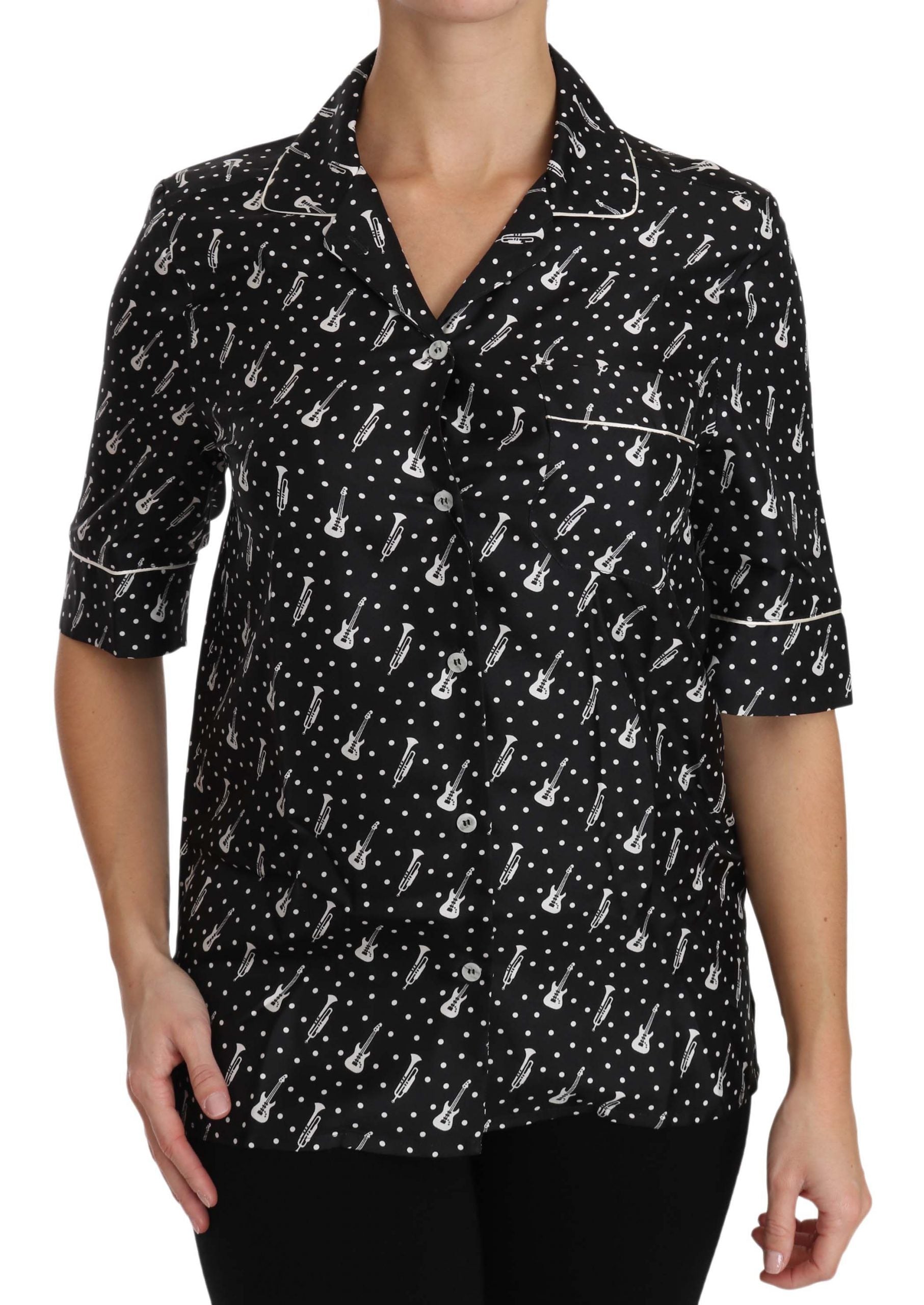 Dolce & Gabbana Schwarzes Seidenhemd mit Gitarren- und Trompeten-Print