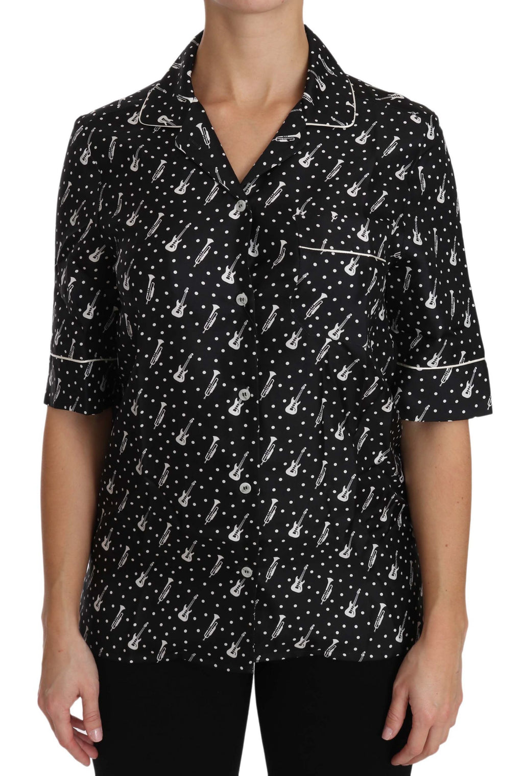Dolce & Gabbana Schwarzes Seidenhemd mit Gitarren- und Trompeten-Print