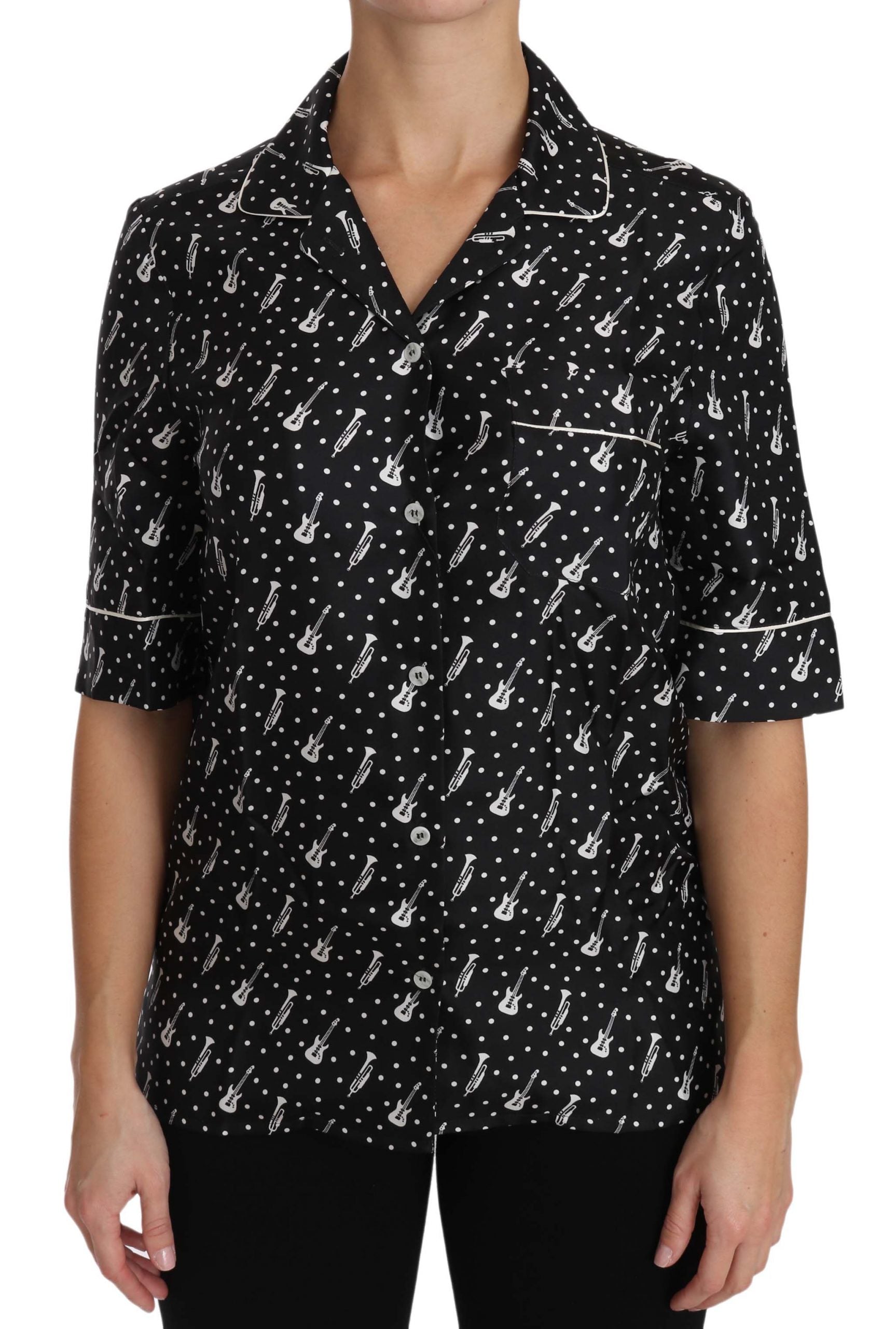 Dolce & Gabbana Schwarzes Seidenhemd mit Gitarren- und Trompeten-Print