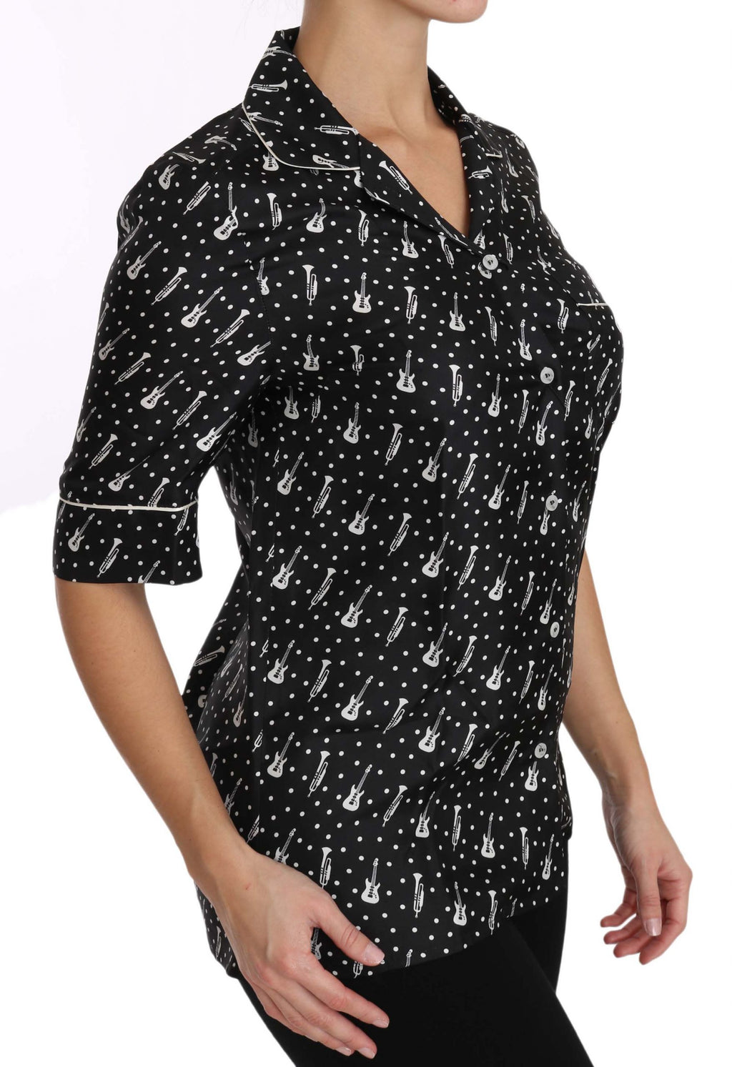 Dolce & Gabbana Schwarzes Seidenhemd mit Gitarren- und Trompeten-Print