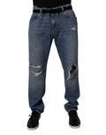 Jeans droits en denim en coton bleu déchiré de Dolce & Gabbana, style décontracté et tendance.